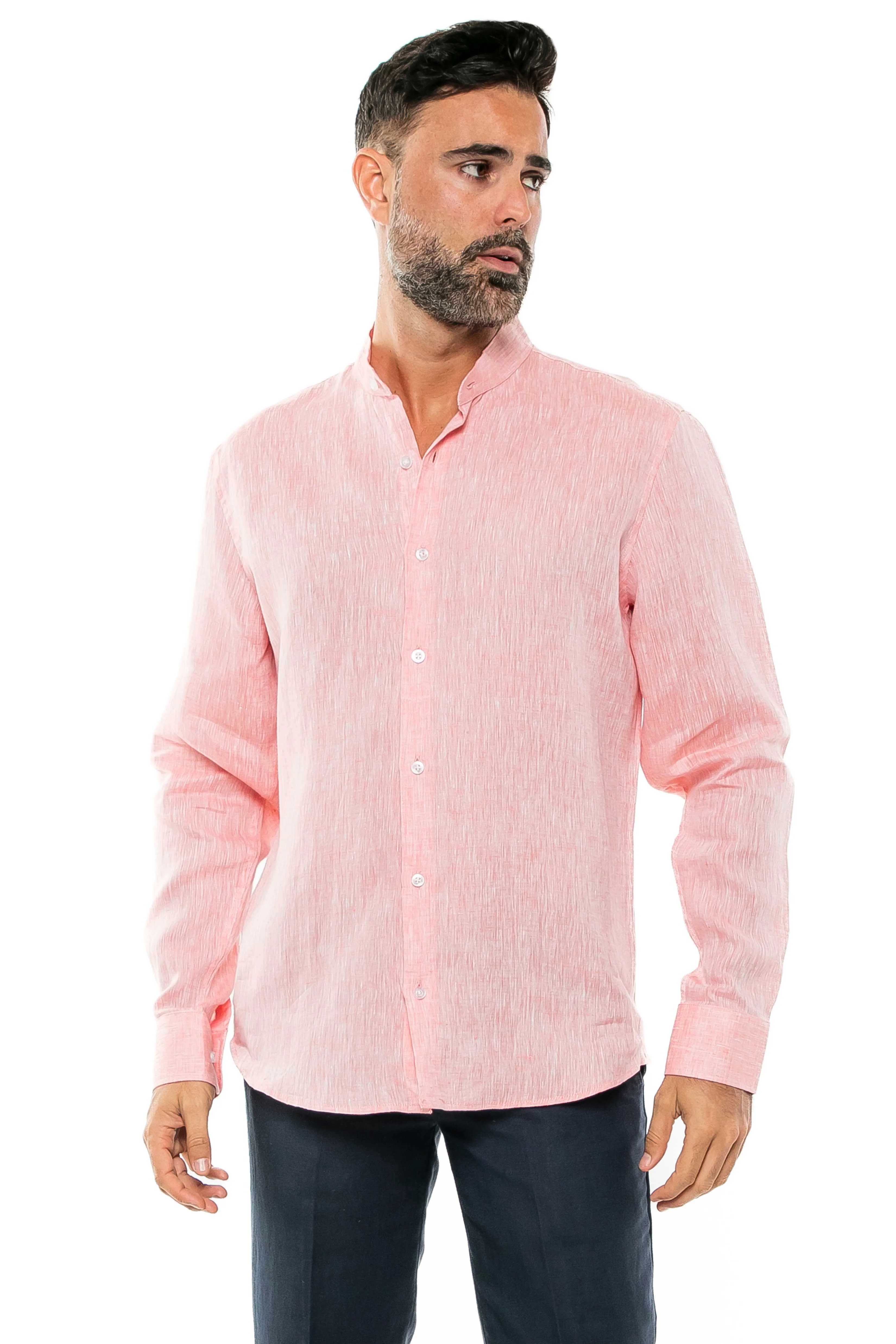 Casual Yarn Dyed Linen Mandarin Collar Long Sleeve Button Down Shirt