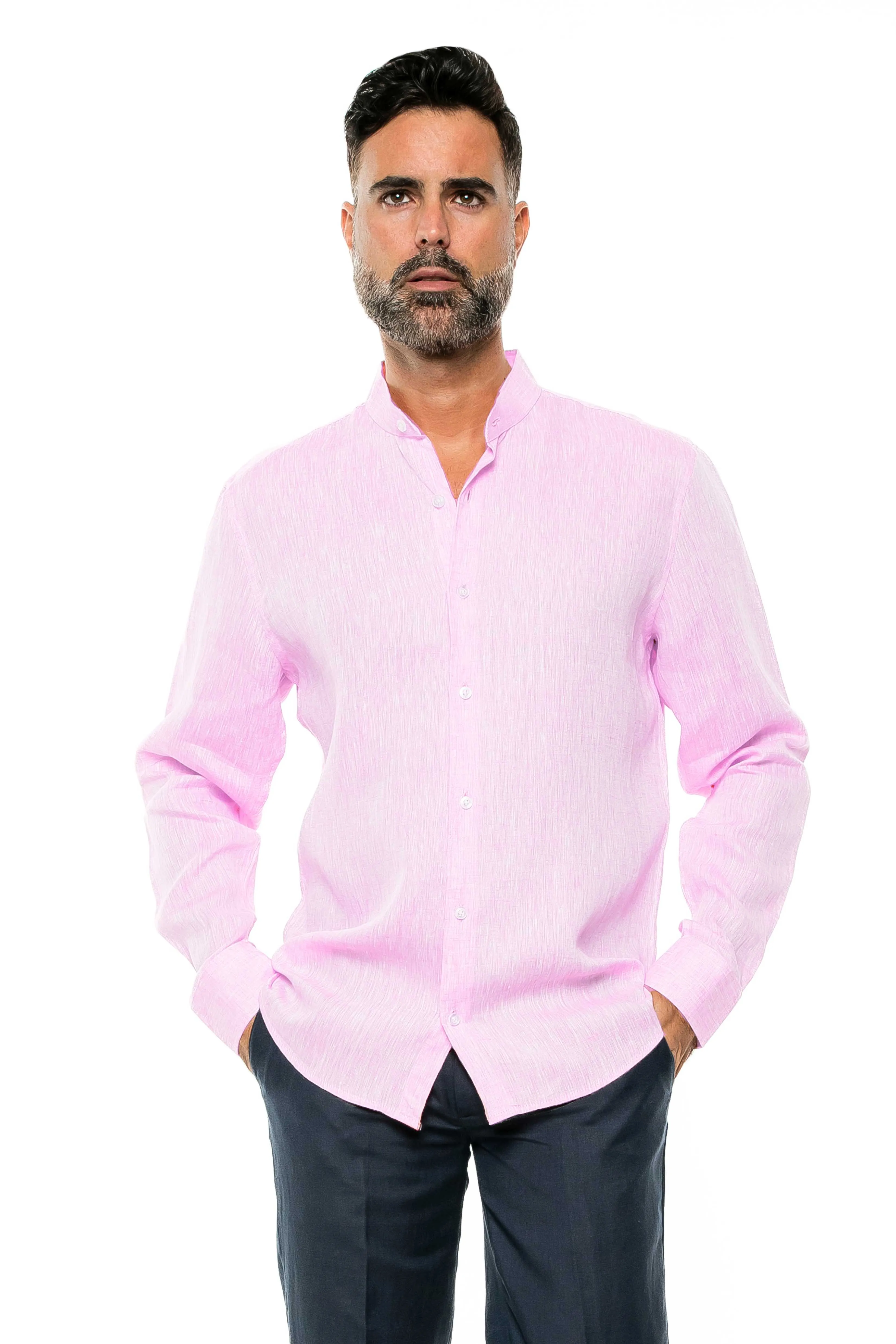 Casual Yarn Dyed Linen Mandarin Collar Long Sleeve Button Down Shirt