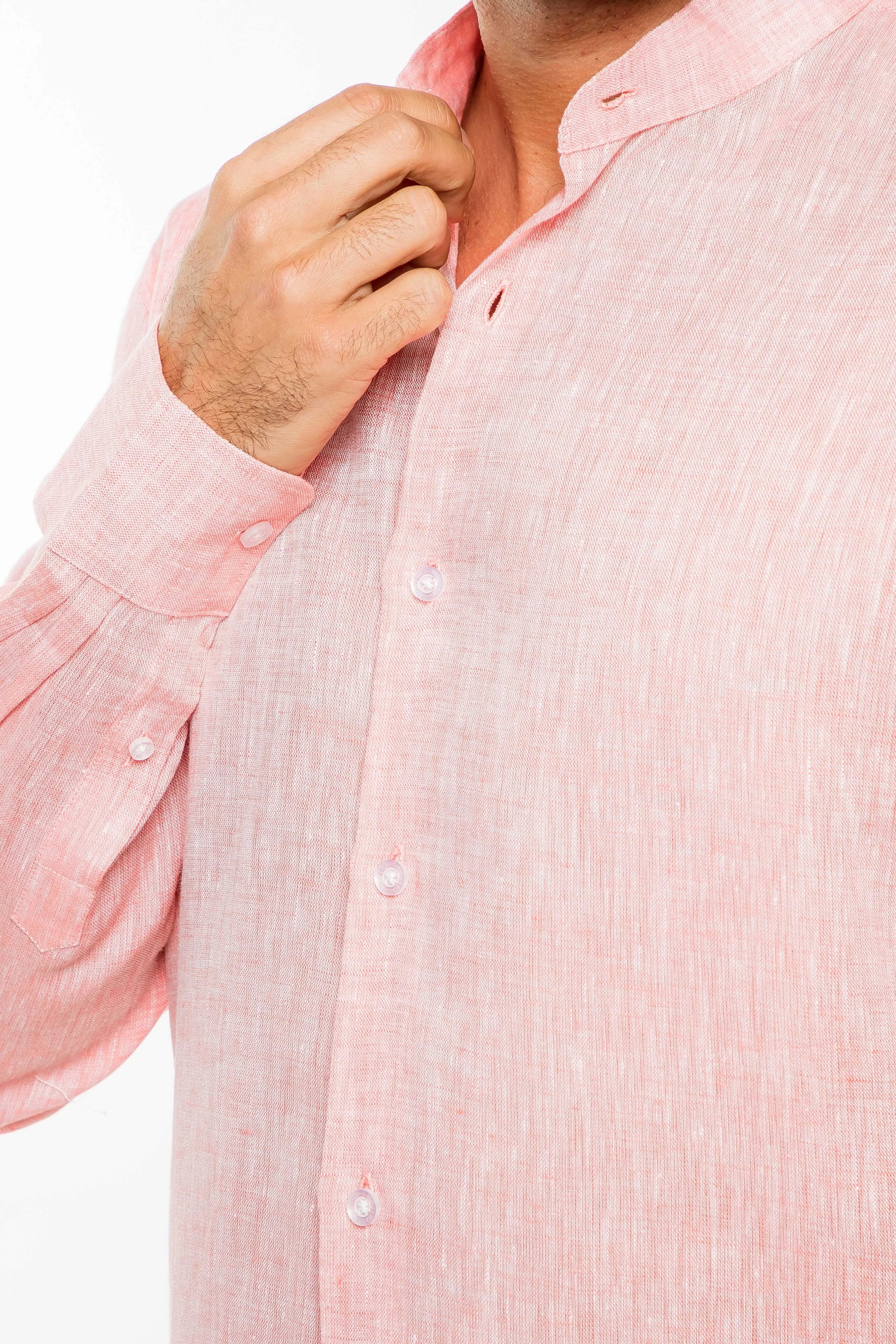 Casual Yarn Dyed Linen Mandarin Collar Long Sleeve Button Down Shirt