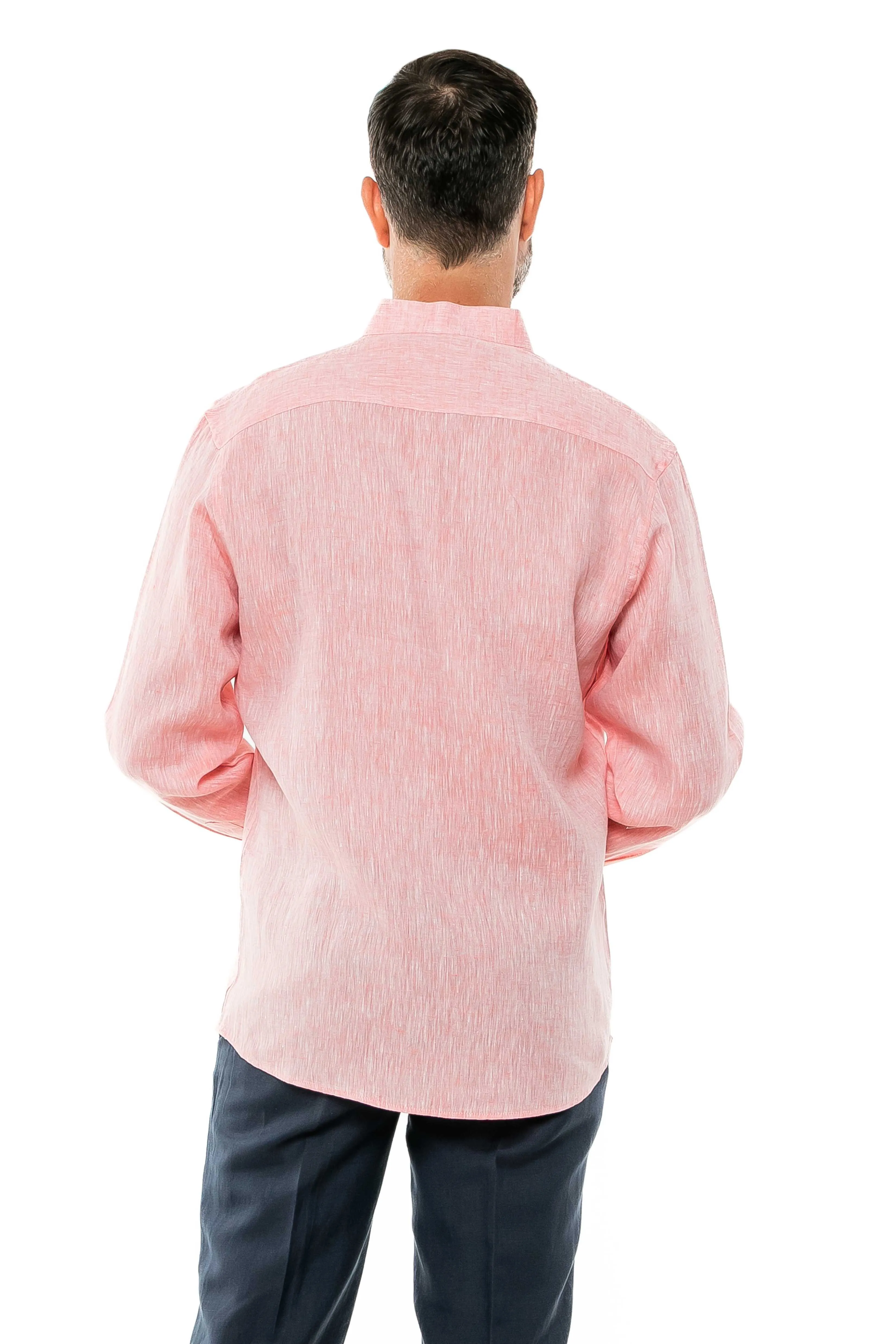 Casual Yarn Dyed Linen Mandarin Collar Long Sleeve Button Down Shirt