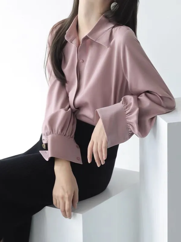 Chicmy-Casual Long Sleeves Loose Solid Color Lapel Collar Blouses&Shirts Tops