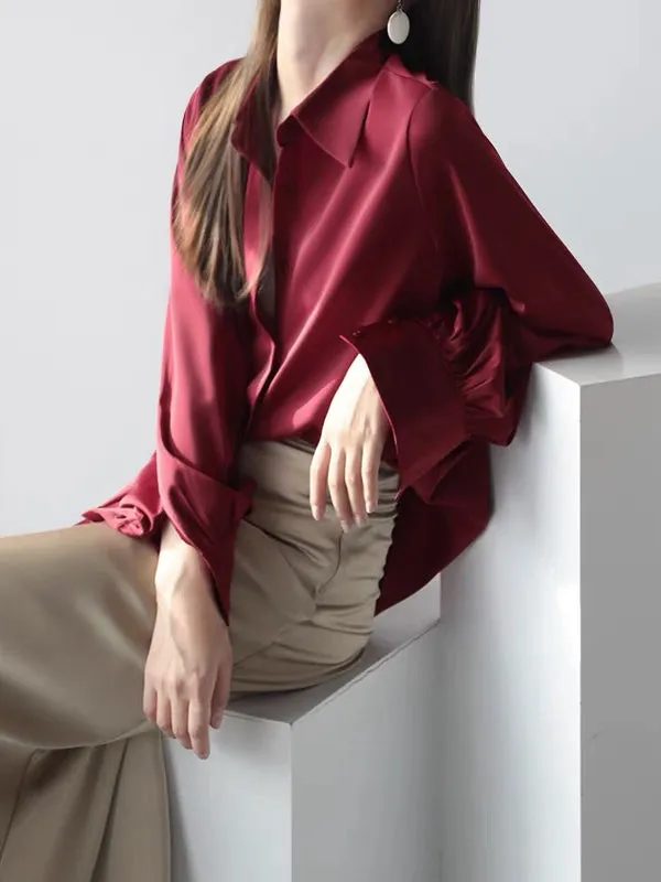 Chicmy-Casual Long Sleeves Loose Solid Color Lapel Collar Blouses&Shirts Tops