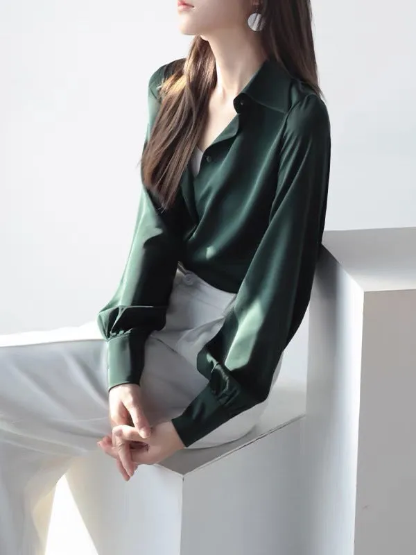 Chicmy-Casual Long Sleeves Loose Solid Color Lapel Collar Blouses&Shirts Tops