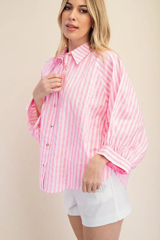 DALLAS- Vibrant neon pink striped dolman sleeve button down