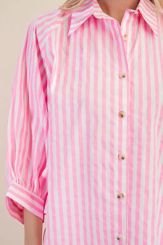 DALLAS- Vibrant neon pink striped dolman sleeve button down