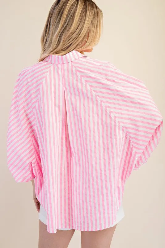 DALLAS- Vibrant neon pink striped dolman sleeve button down