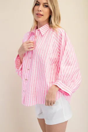 DALLAS- Vibrant neon pink striped dolman sleeve button down