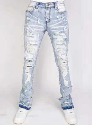 Embroidered Skinny Stacked Distressed Mac Jeans - Blue/Red