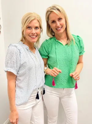 Gingham Puff Slv Tassel Tie Top