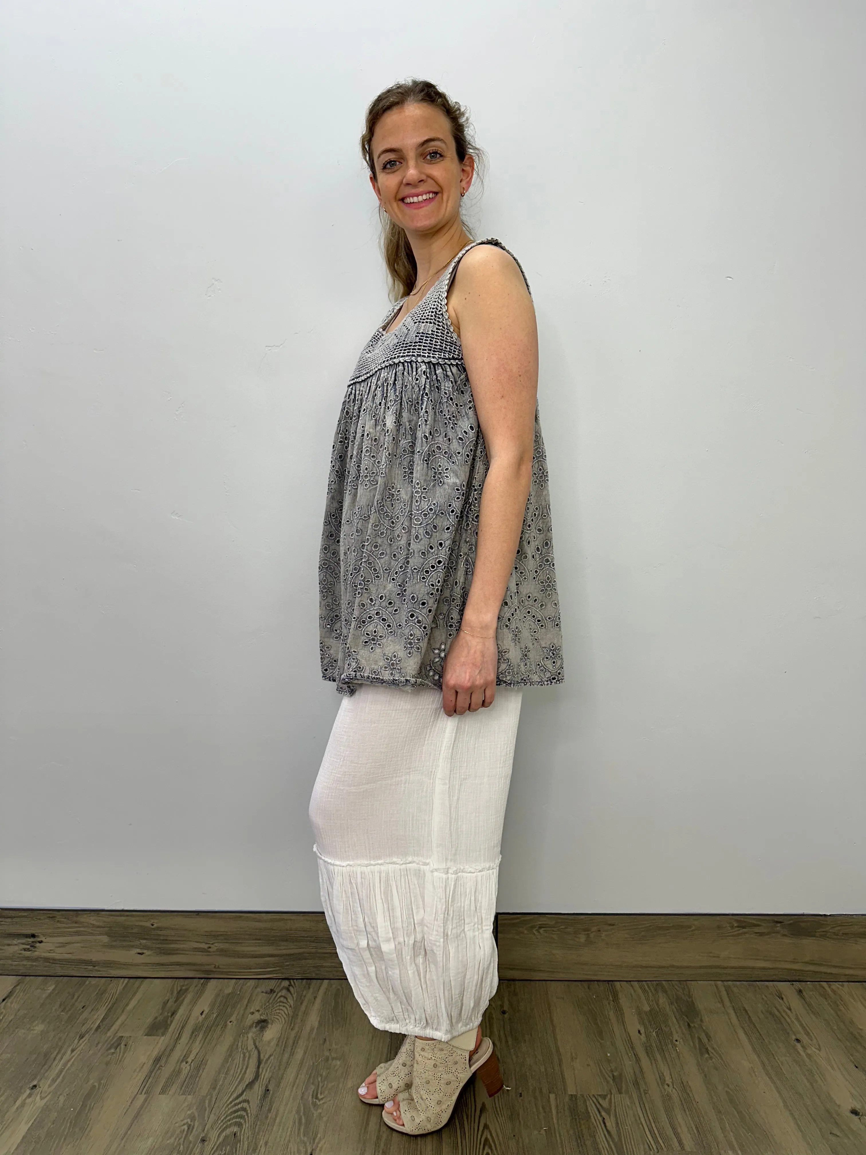 Grey Sleeveless Tank with Embroidered Design