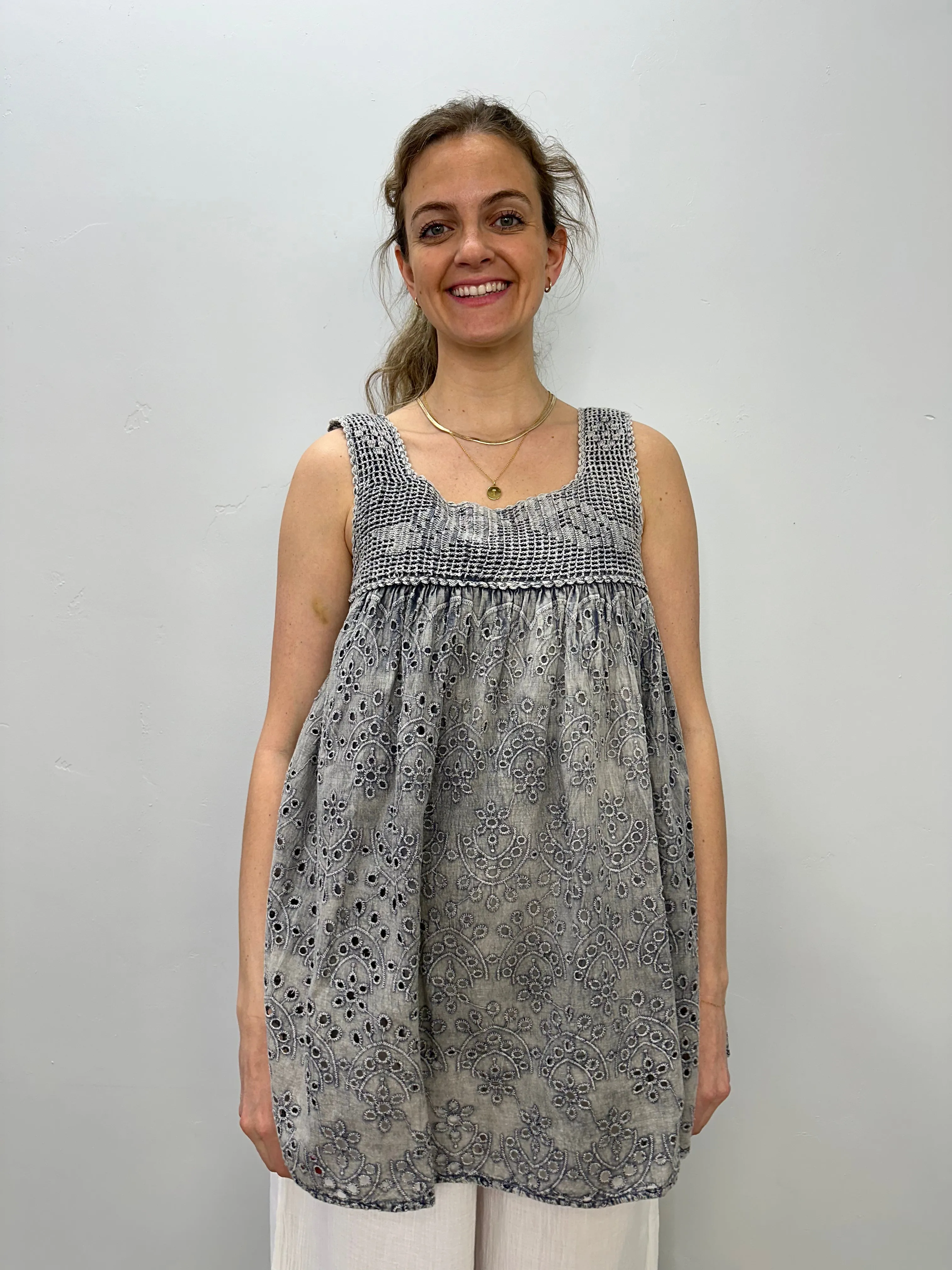 Grey Sleeveless Tank with Embroidered Design