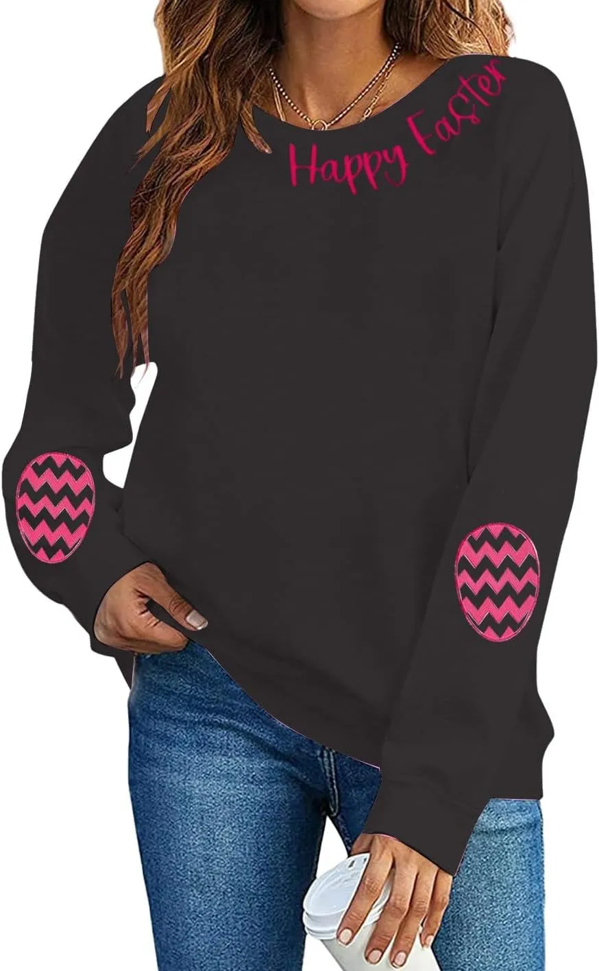 Hoodies For Women For Women Easter Eggs Graphic Loose Fit Crew Neck Sweat Shirts Festival Long Sleeve Tops with Pocket