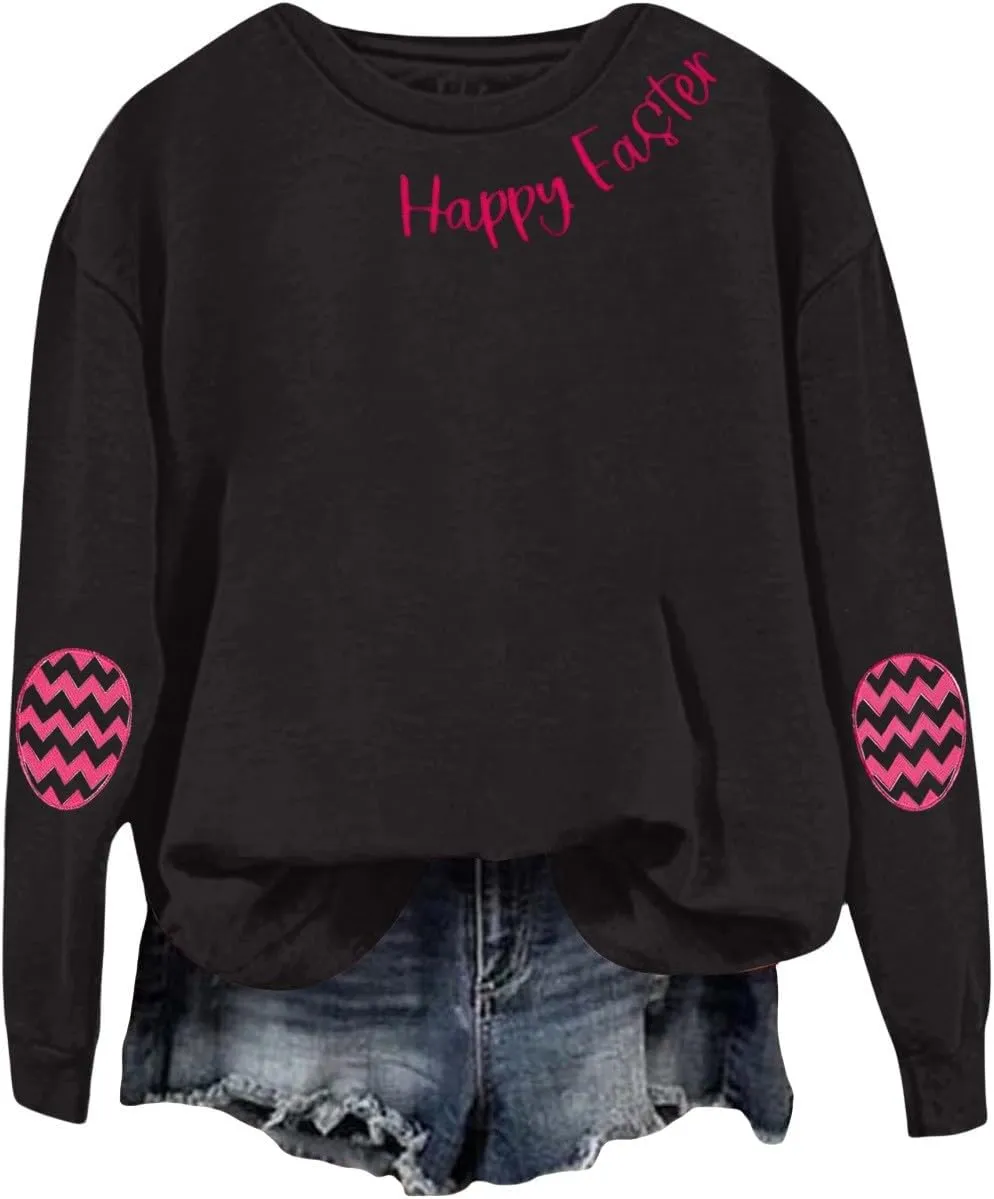 Hoodies For Women For Women Easter Eggs Graphic Loose Fit Crew Neck Sweat Shirts Festival Long Sleeve Tops with Pocket
