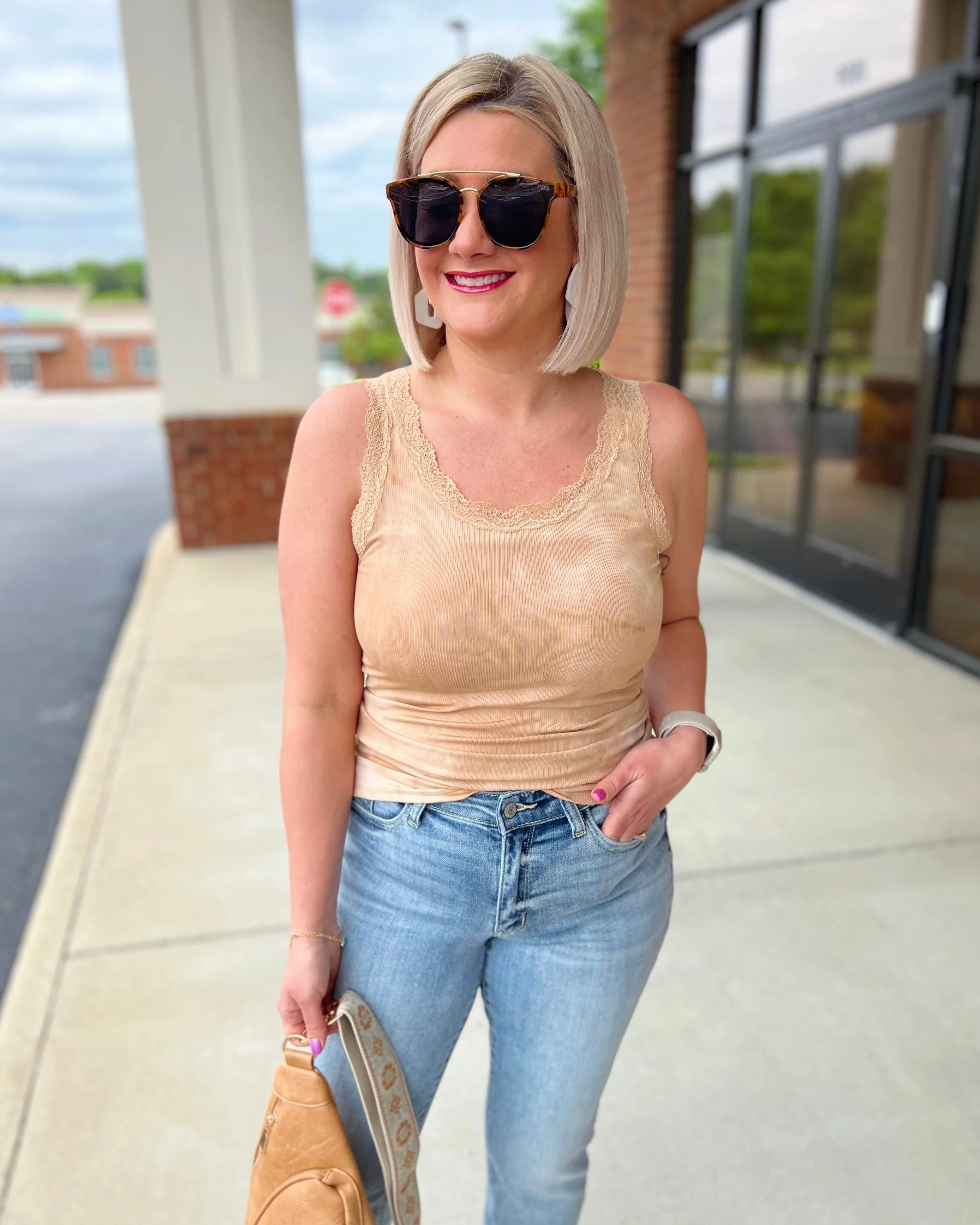 Jessie Lace Trim Tank in Khaki FINAL SALE