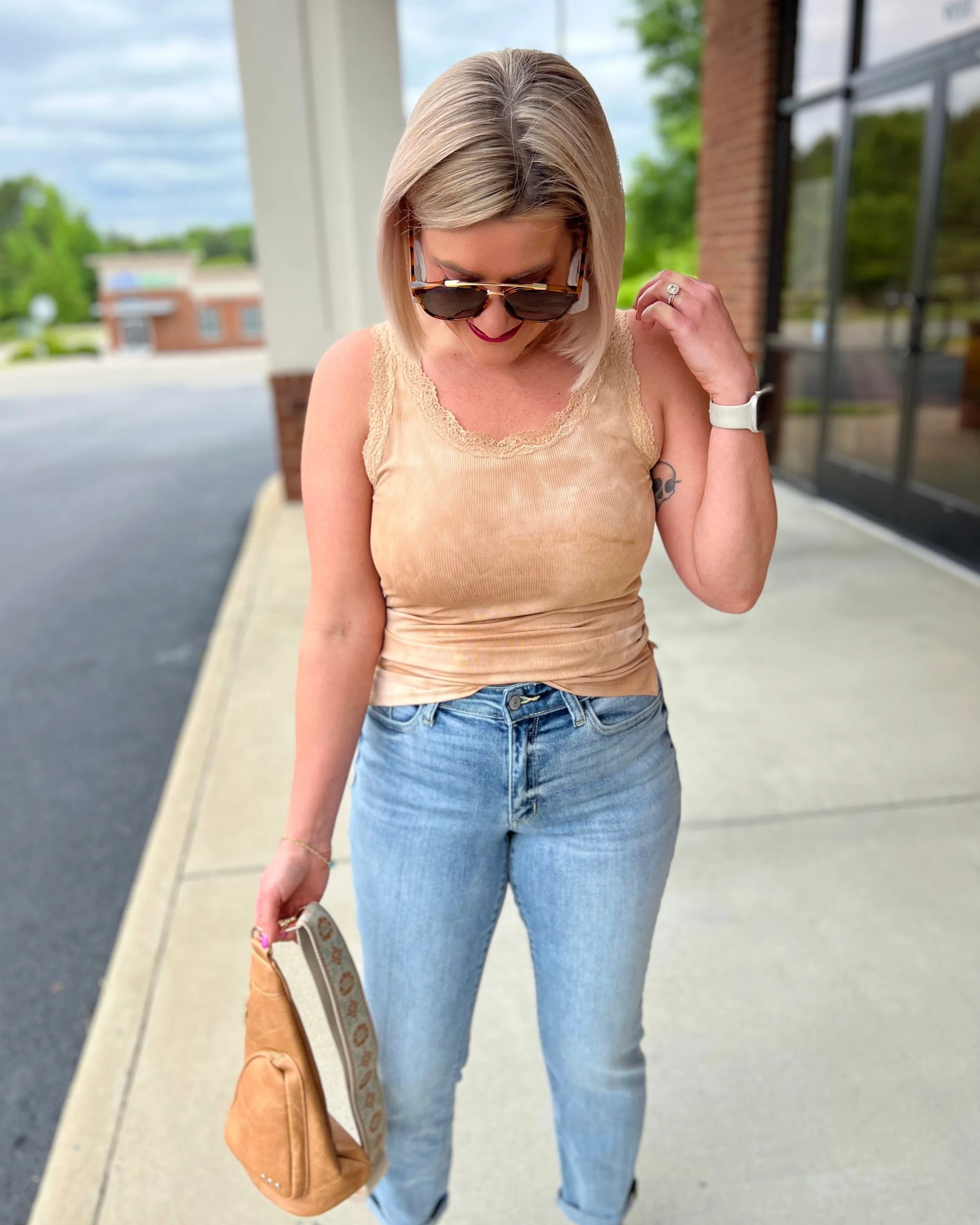 Jessie Lace Trim Tank in Khaki FINAL SALE