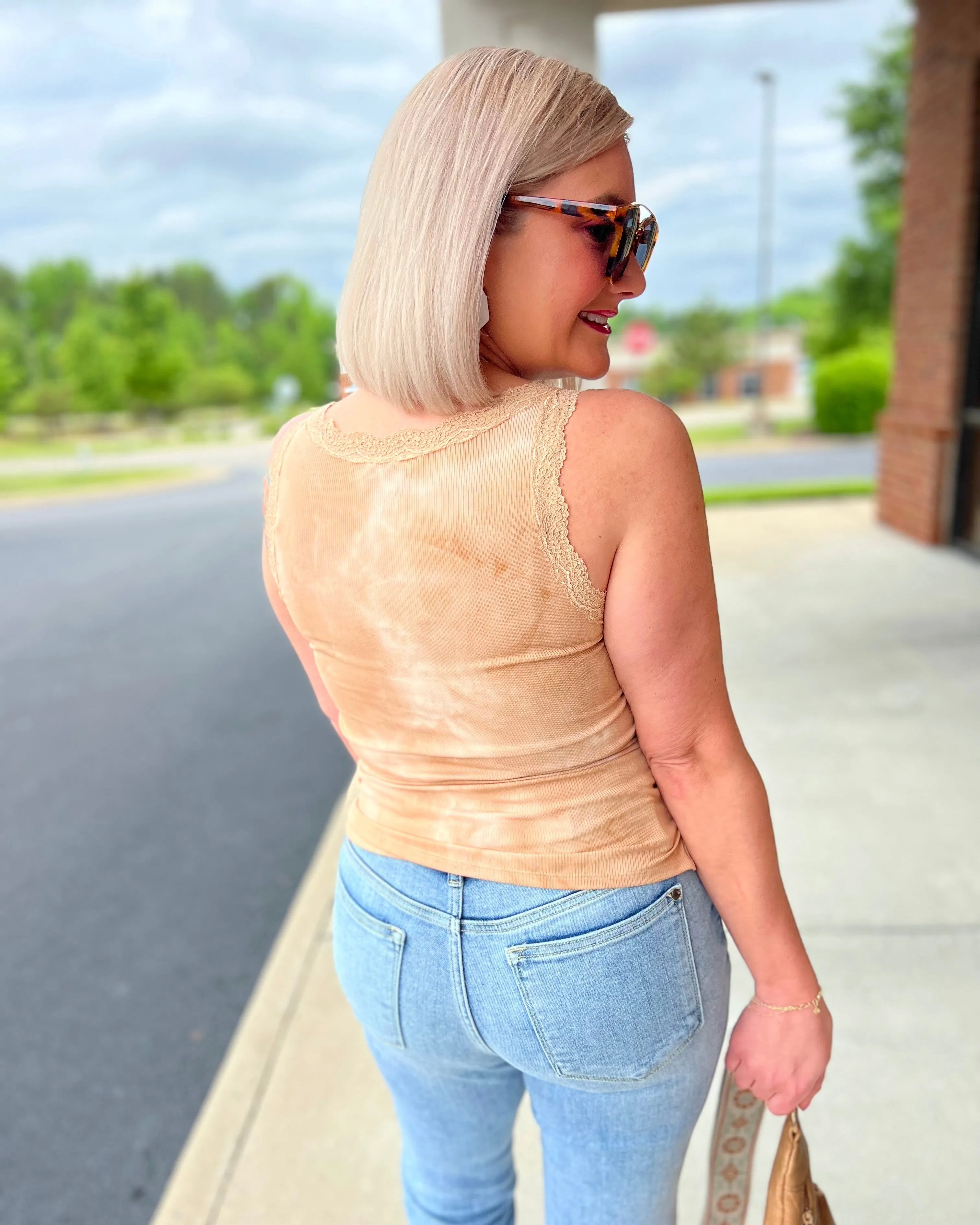 Jessie Lace Trim Tank in Khaki FINAL SALE