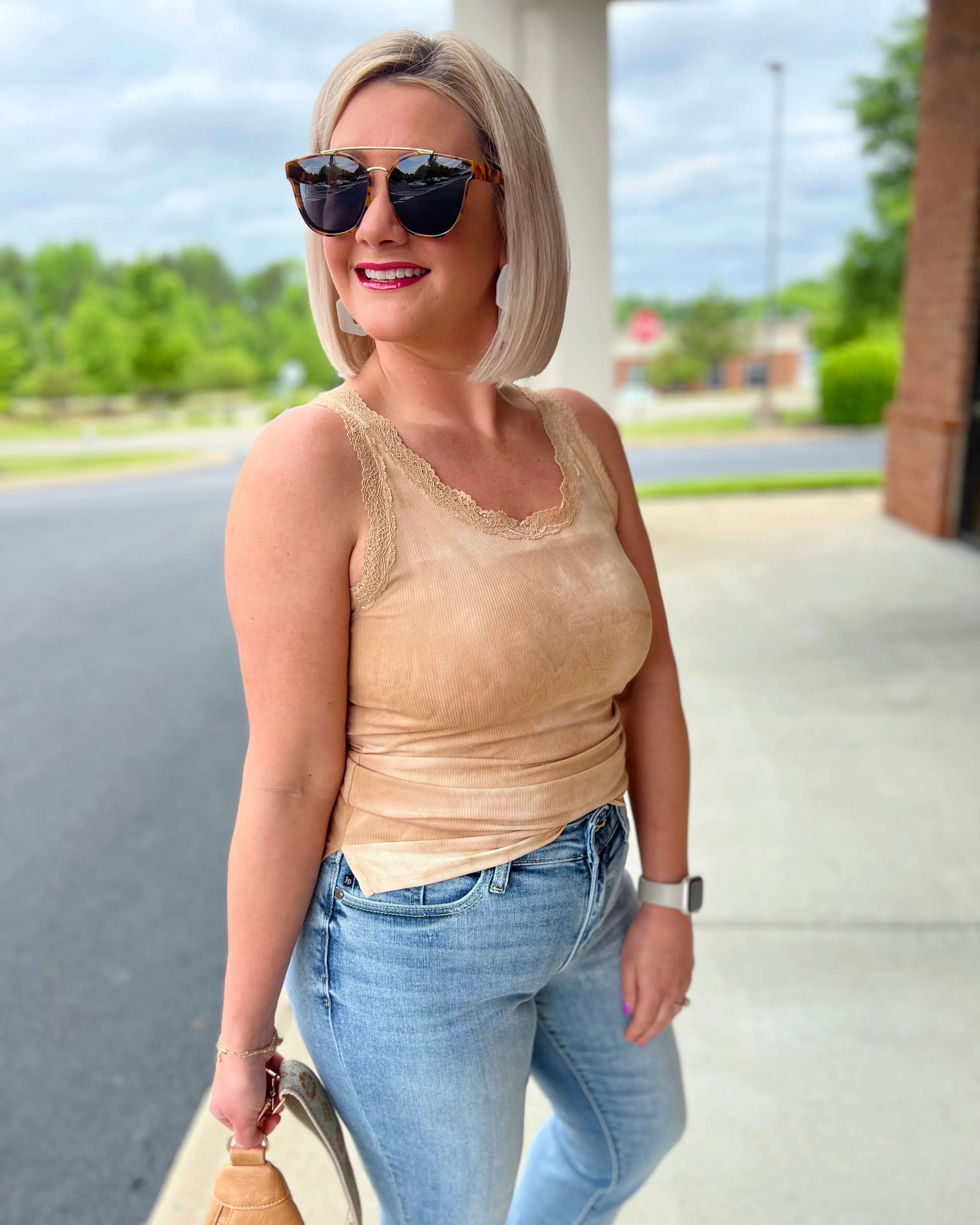 Jessie Lace Trim Tank in Khaki FINAL SALE