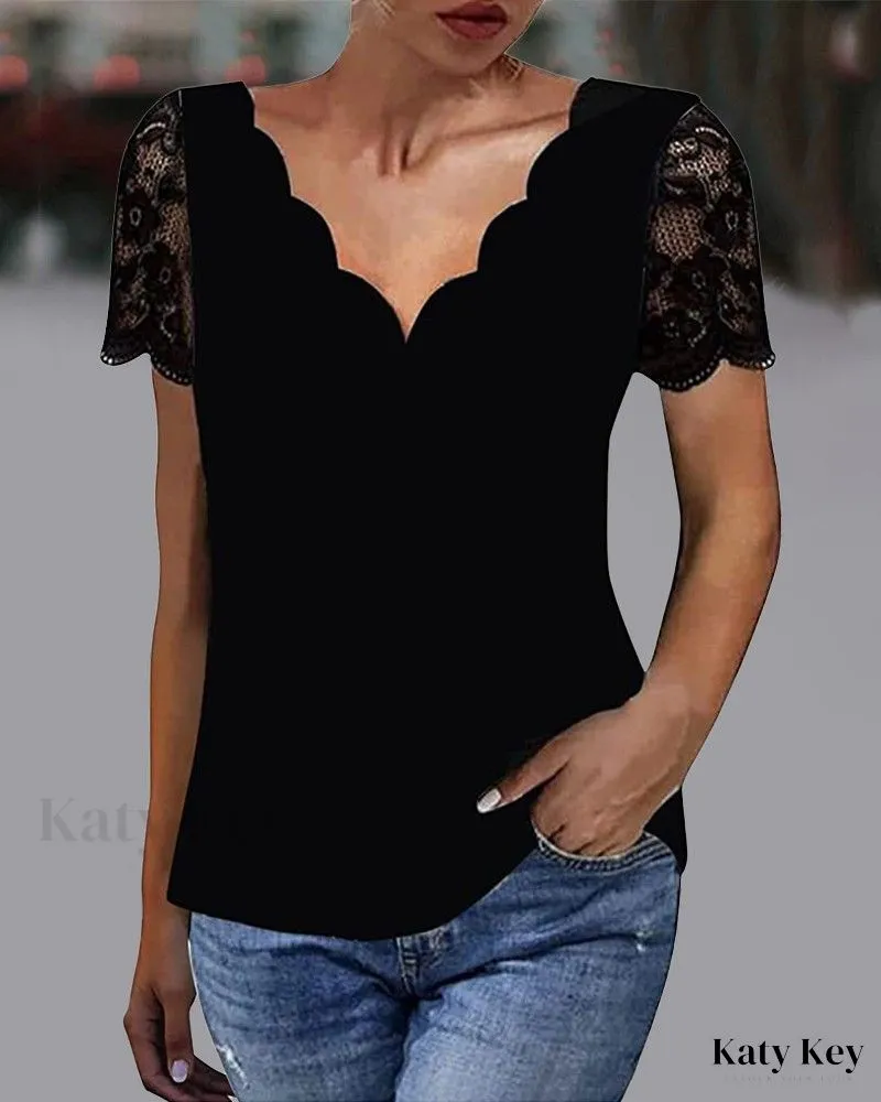 KatyKey - Chic Contrast Lace Top with Delicate Scallop Trim