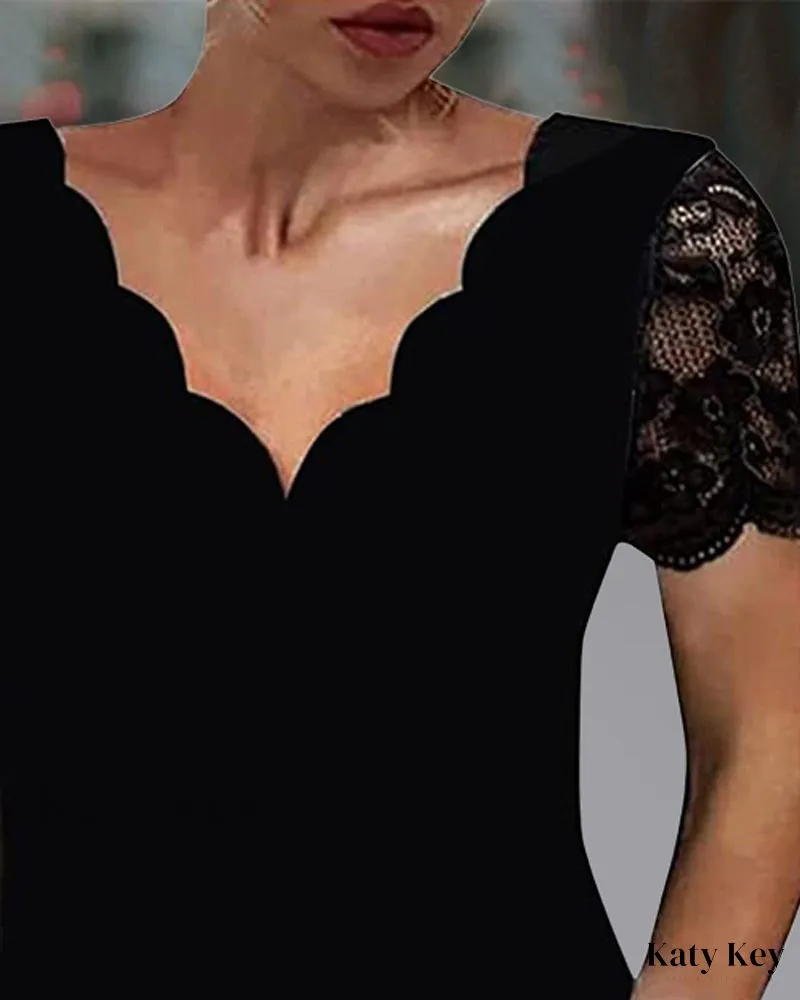 KatyKey - Chic Contrast Lace Top with Delicate Scallop Trim