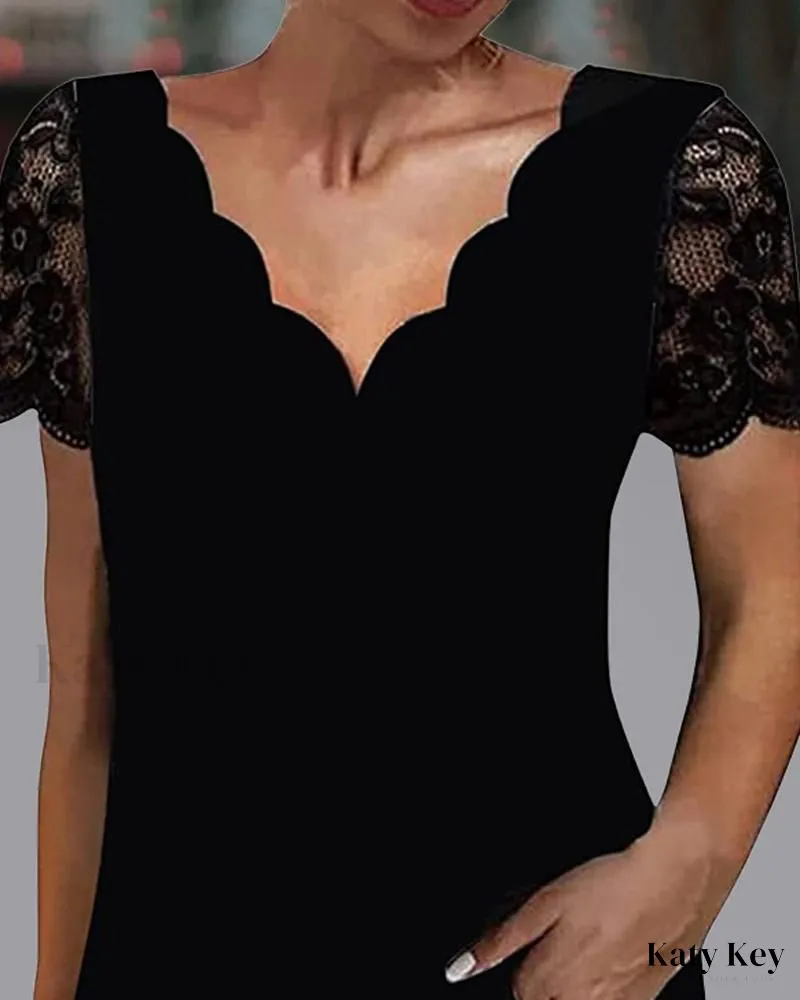 KatyKey - Chic Contrast Lace Top with Delicate Scallop Trim
