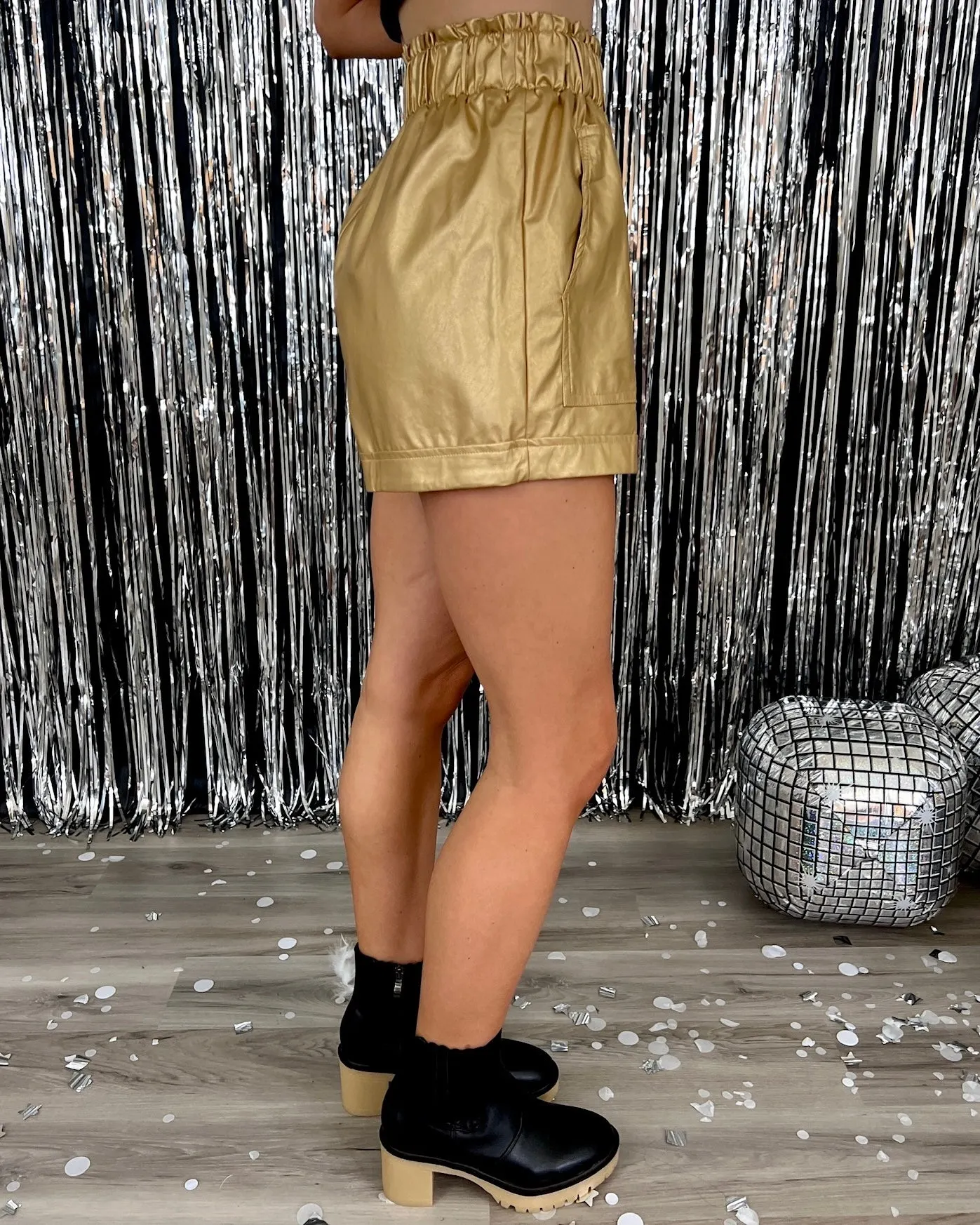 Keep Going Gold Faux Leather Paper Bag Shorts