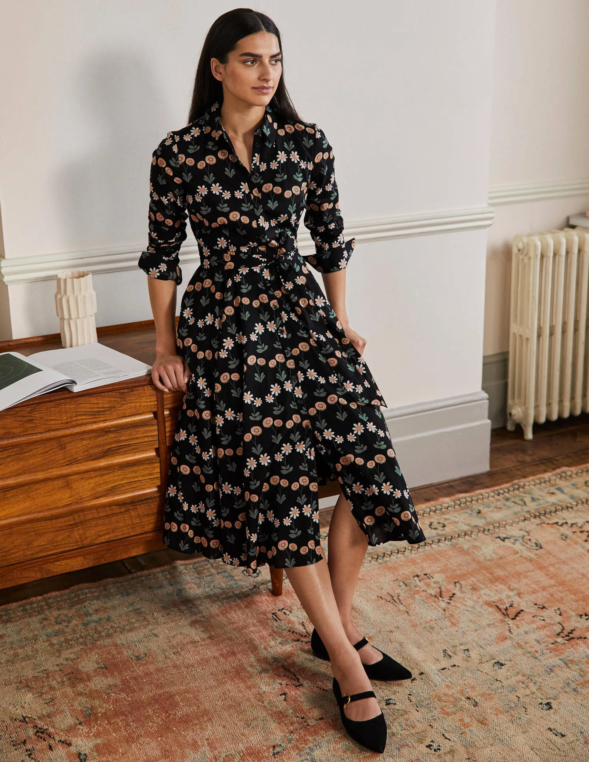 Kitty Midi Shirt Dress-Black, Delicate Daisy