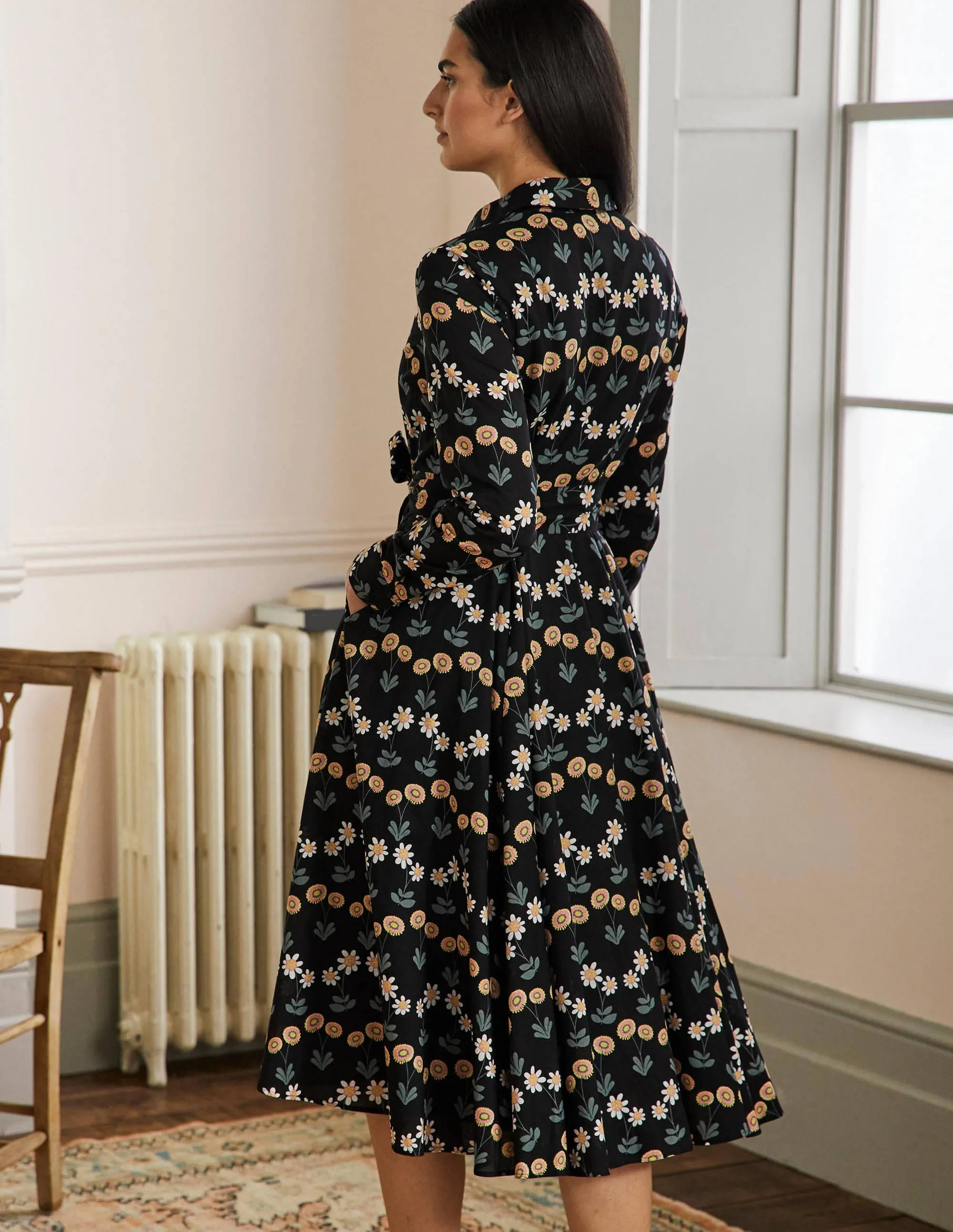 Kitty Midi Shirt Dress-Black, Delicate Daisy