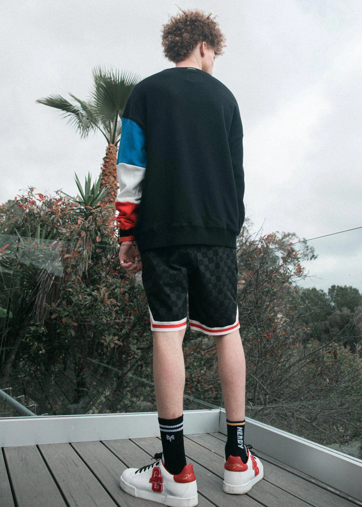 Konus Men's Tonal Checkered Shorts with Tape in Black