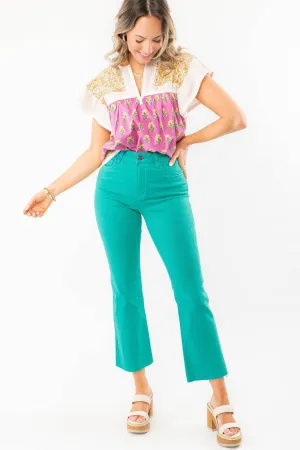 KUT Turquoise Kelsey High Rise Ankle Flare Jeans