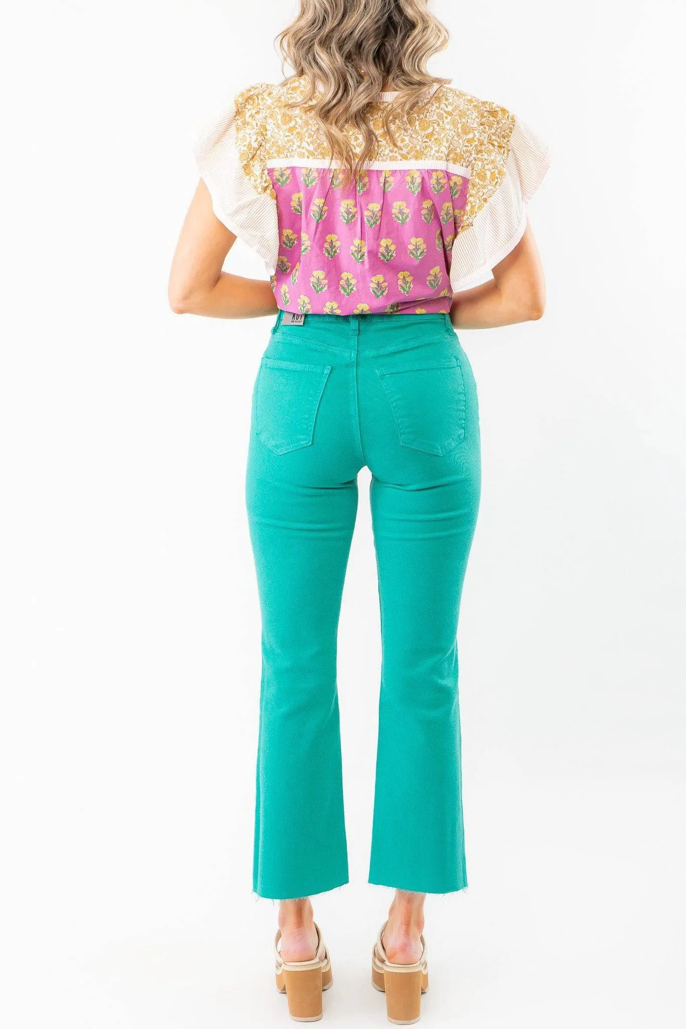 KUT Turquoise Kelsey High Rise Ankle Flare Jeans