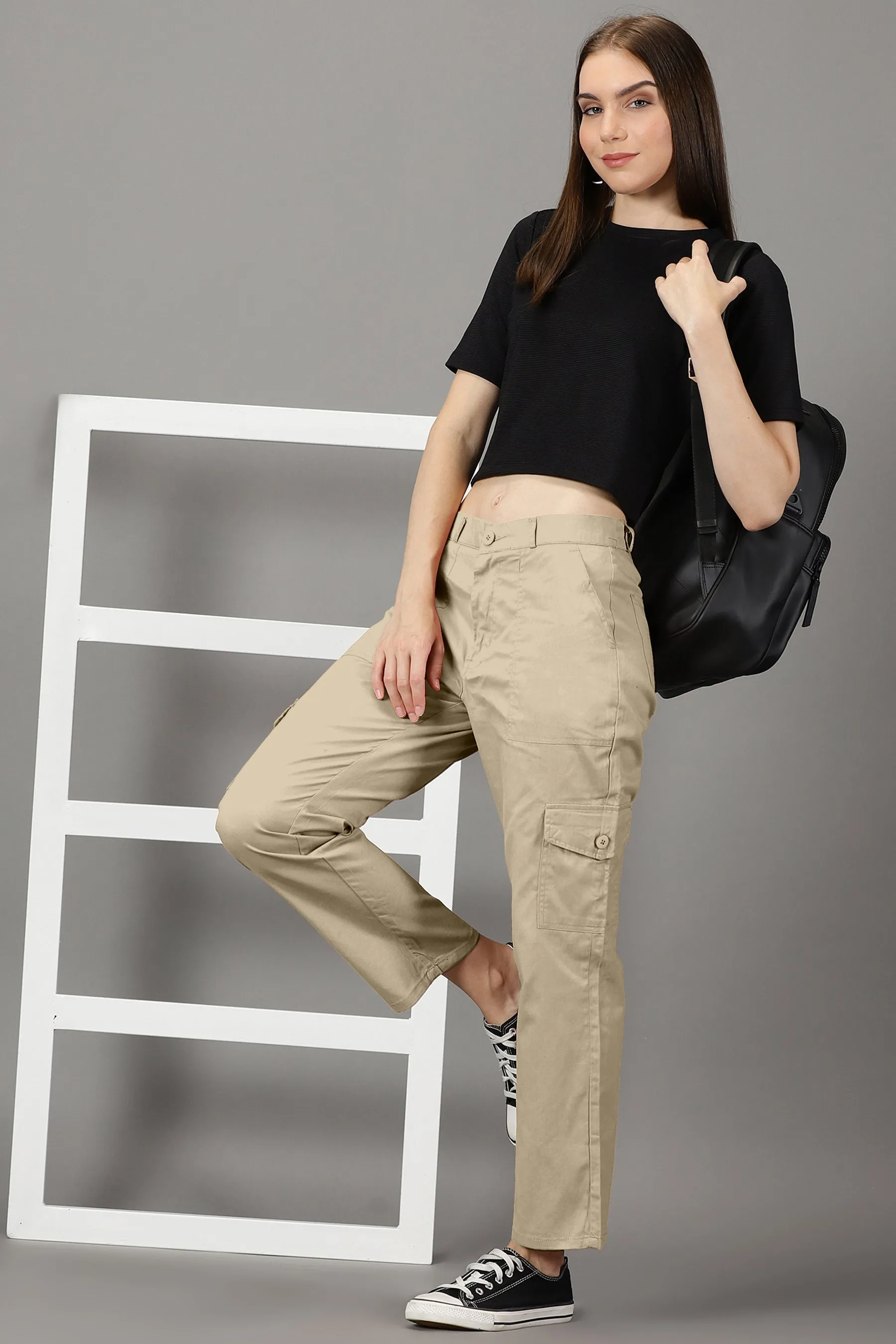 Light Beige Cotton 6 Pocket Cargo Pants