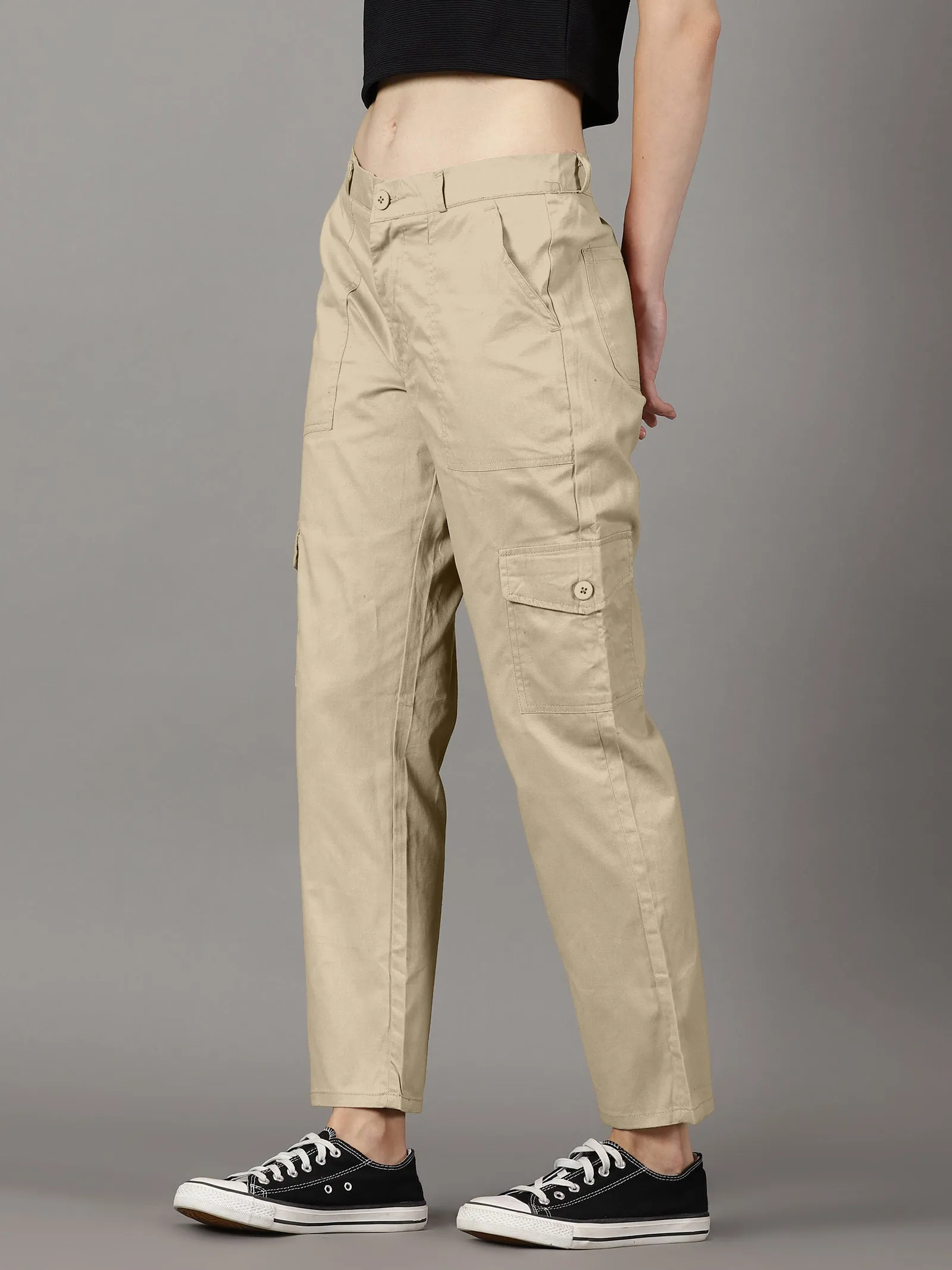 Light Beige Cotton 6 Pocket Cargo Pants