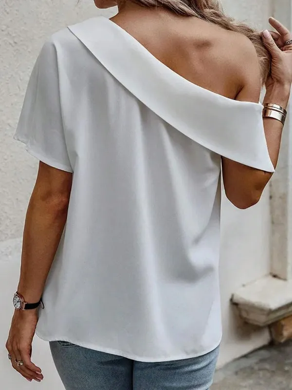 Loose Short Sleeves Solid Color Off-The-Shoulder T-Shirts Tops