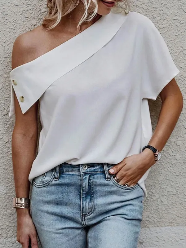 Loose Short Sleeves Solid Color Off-The-Shoulder T-Shirts Tops