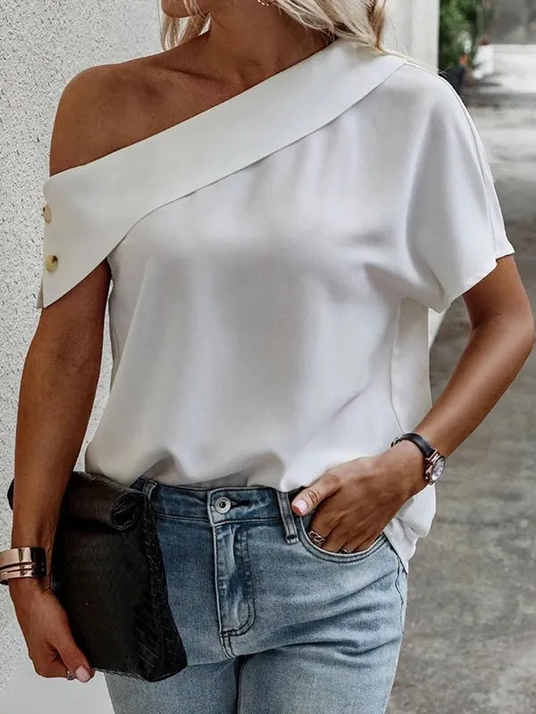 Loose Short Sleeves Solid Color Off-The-Shoulder T-Shirts Tops