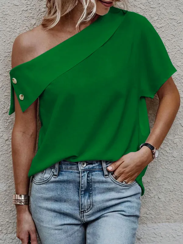 Loose Short Sleeves Solid Color Off-The-Shoulder T-Shirts Tops