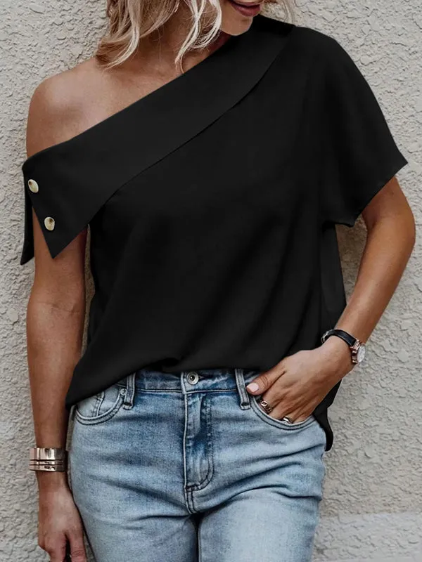 Loose Short Sleeves Solid Color Off-The-Shoulder T-Shirts Tops