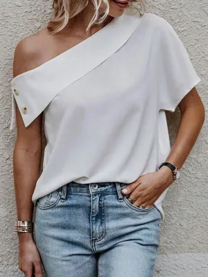 Loose Short Sleeves Solid Color Off-The-Shoulder T-Shirts Tops
