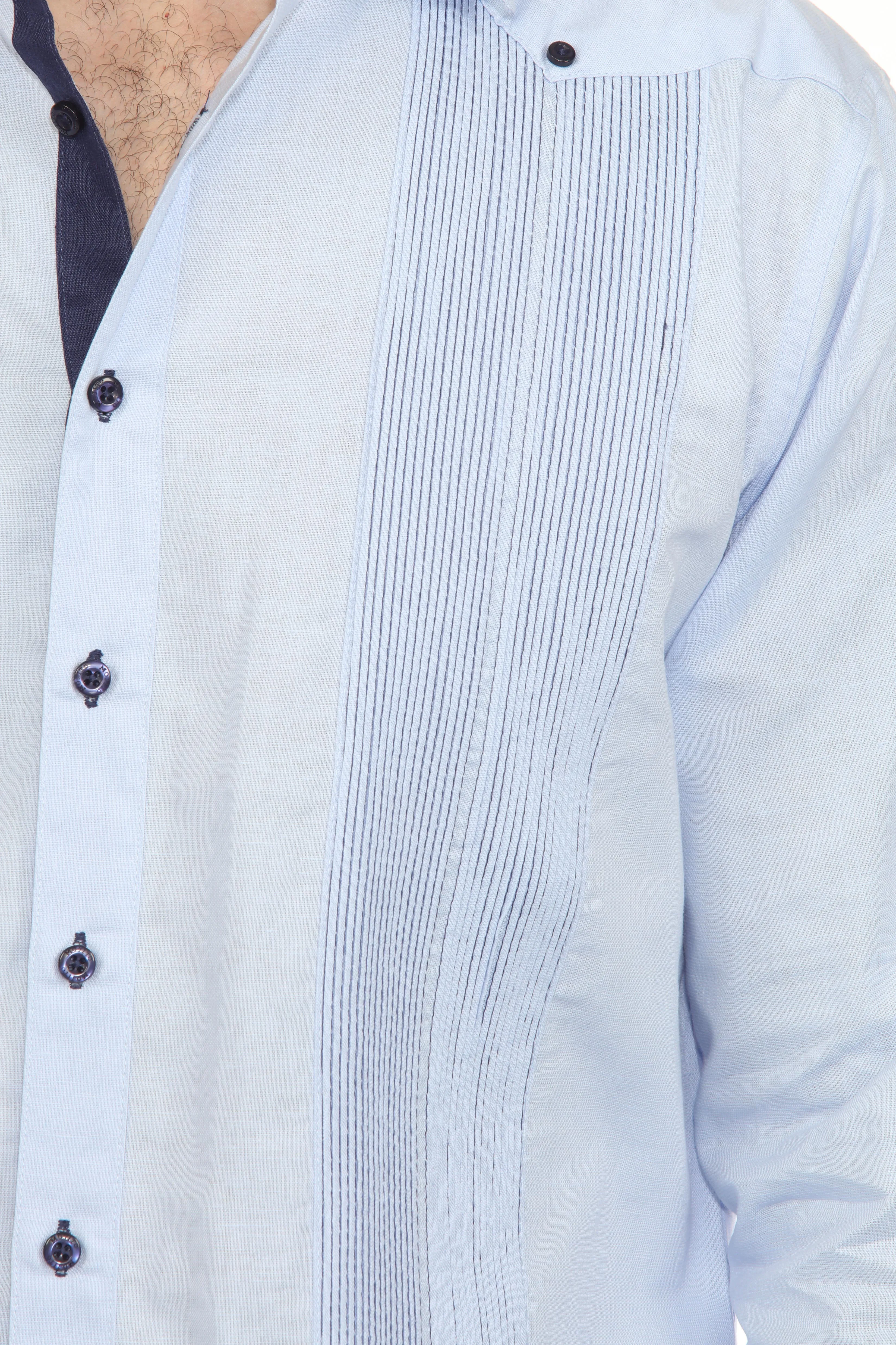 Men's 100% Linen Guayabera Chacabana Shirt Long Sleeve with Pleating Accent