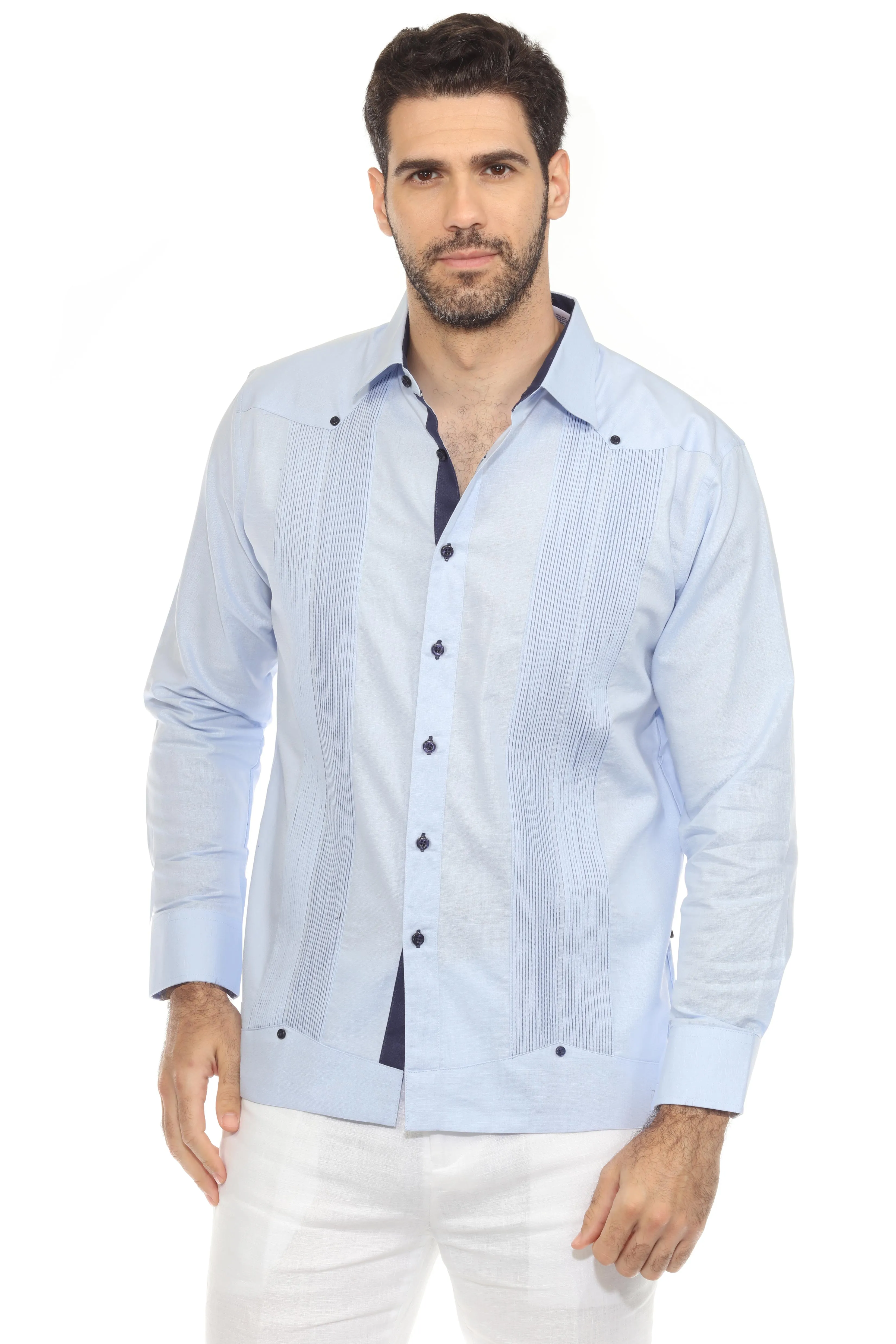 Men's 100% Linen Guayabera Chacabana Shirt Long Sleeve with Pleating Accent
