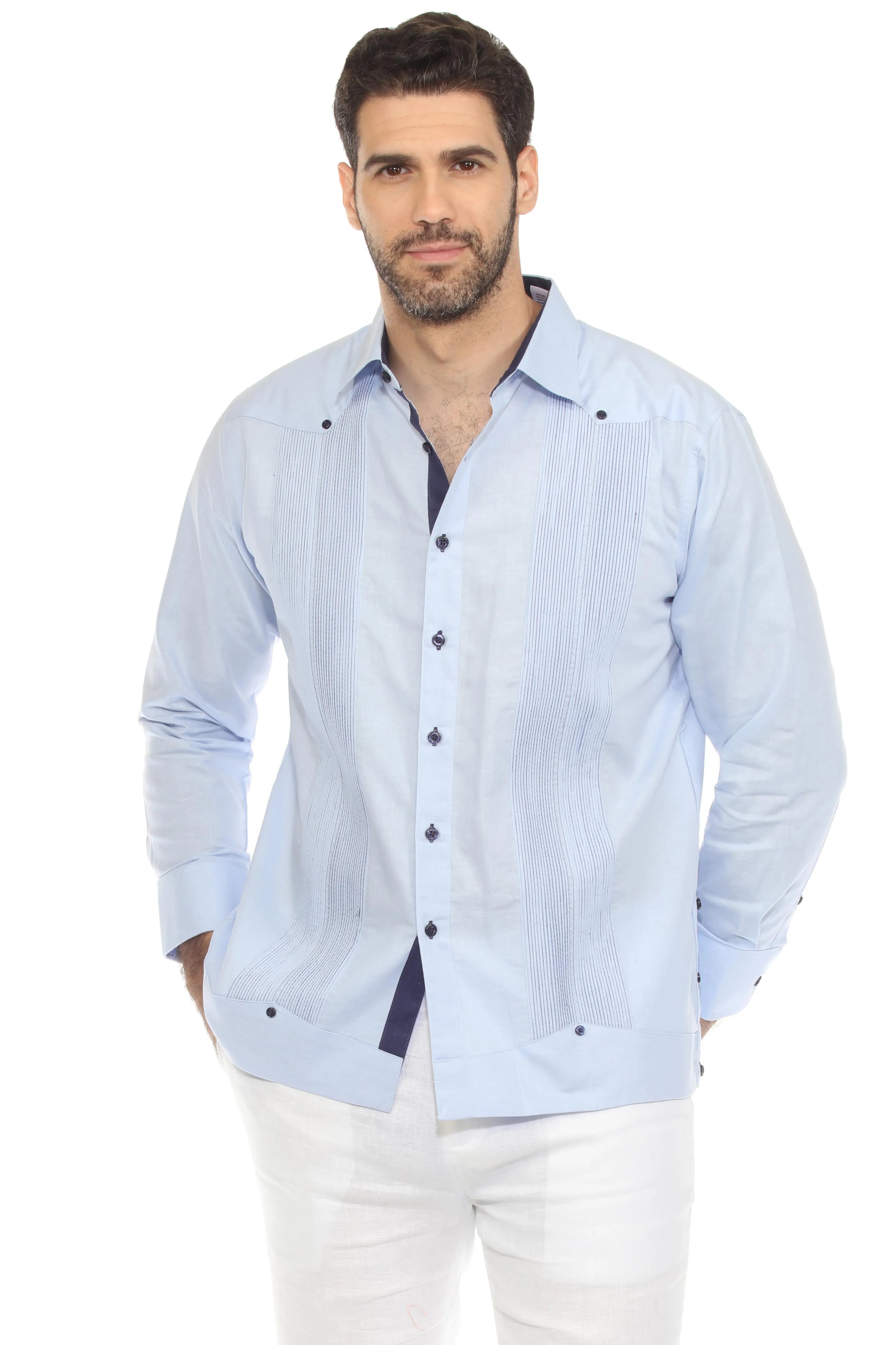 Men's 100% Linen Guayabera Chacabana Shirt Long Sleeve with Pleating Accent