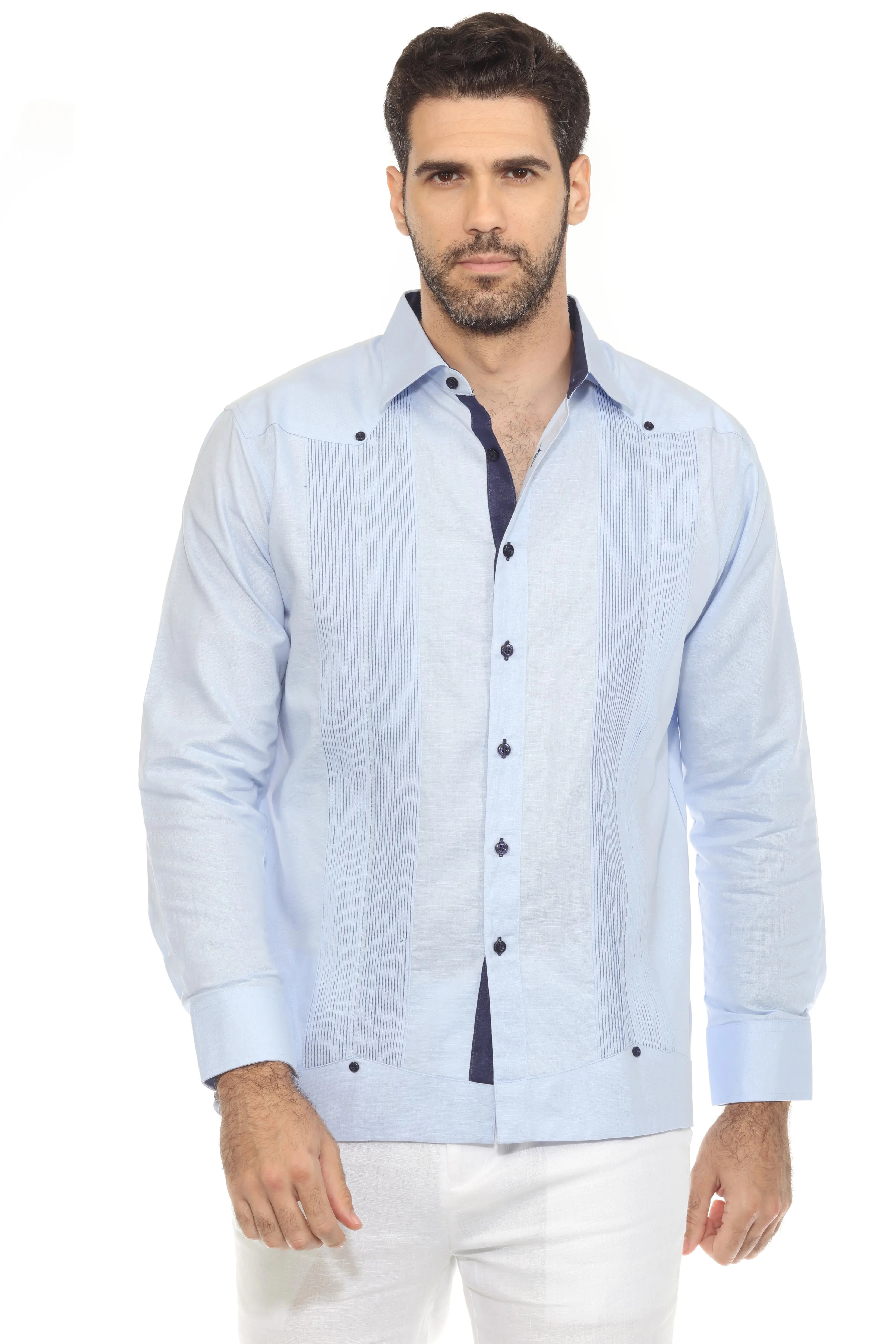 Men's 100% Linen Guayabera Chacabana Shirt Long Sleeve with Pleating Accent