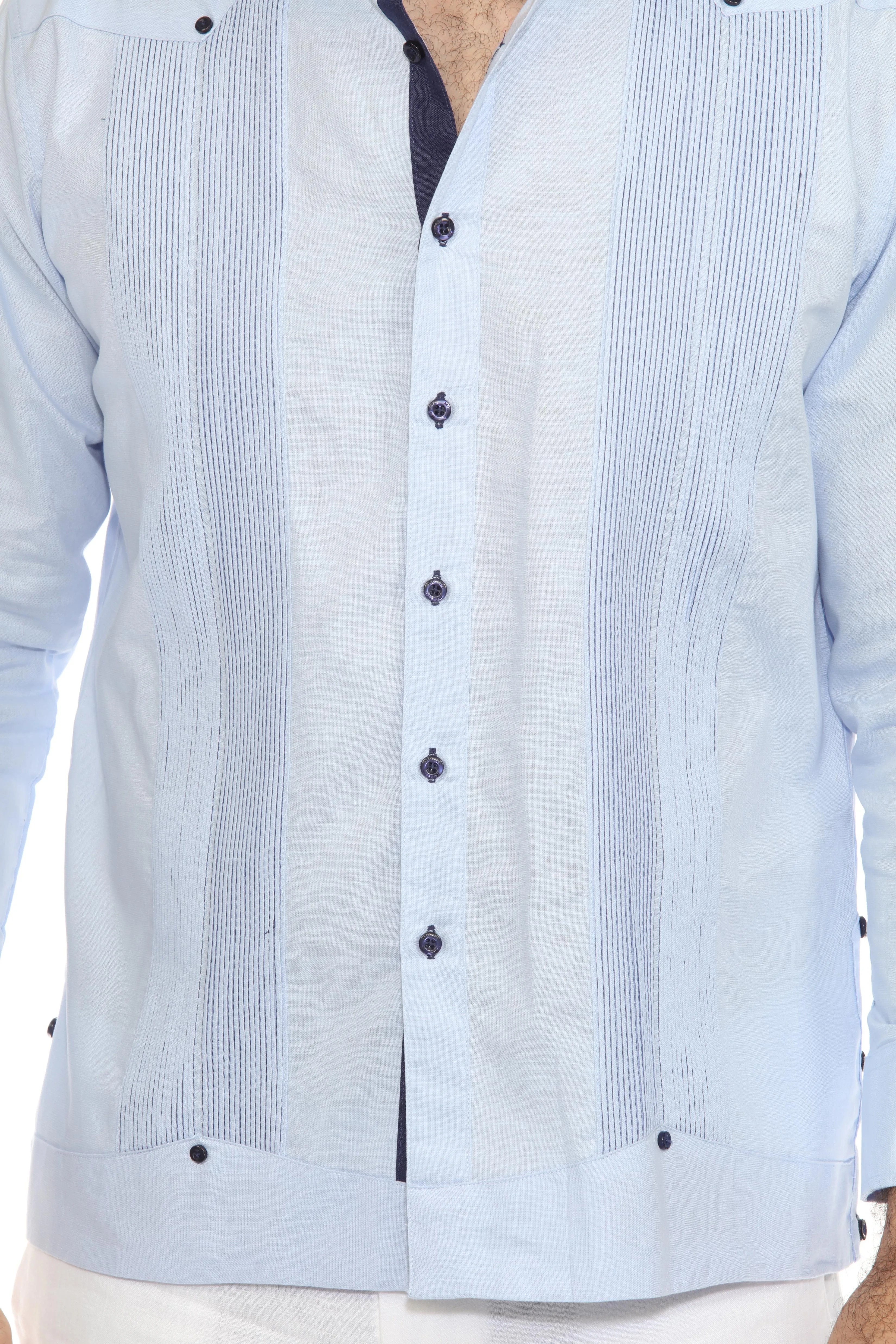 Men's 100% Linen Guayabera Chacabana Shirt Long Sleeve with Pleating Accent