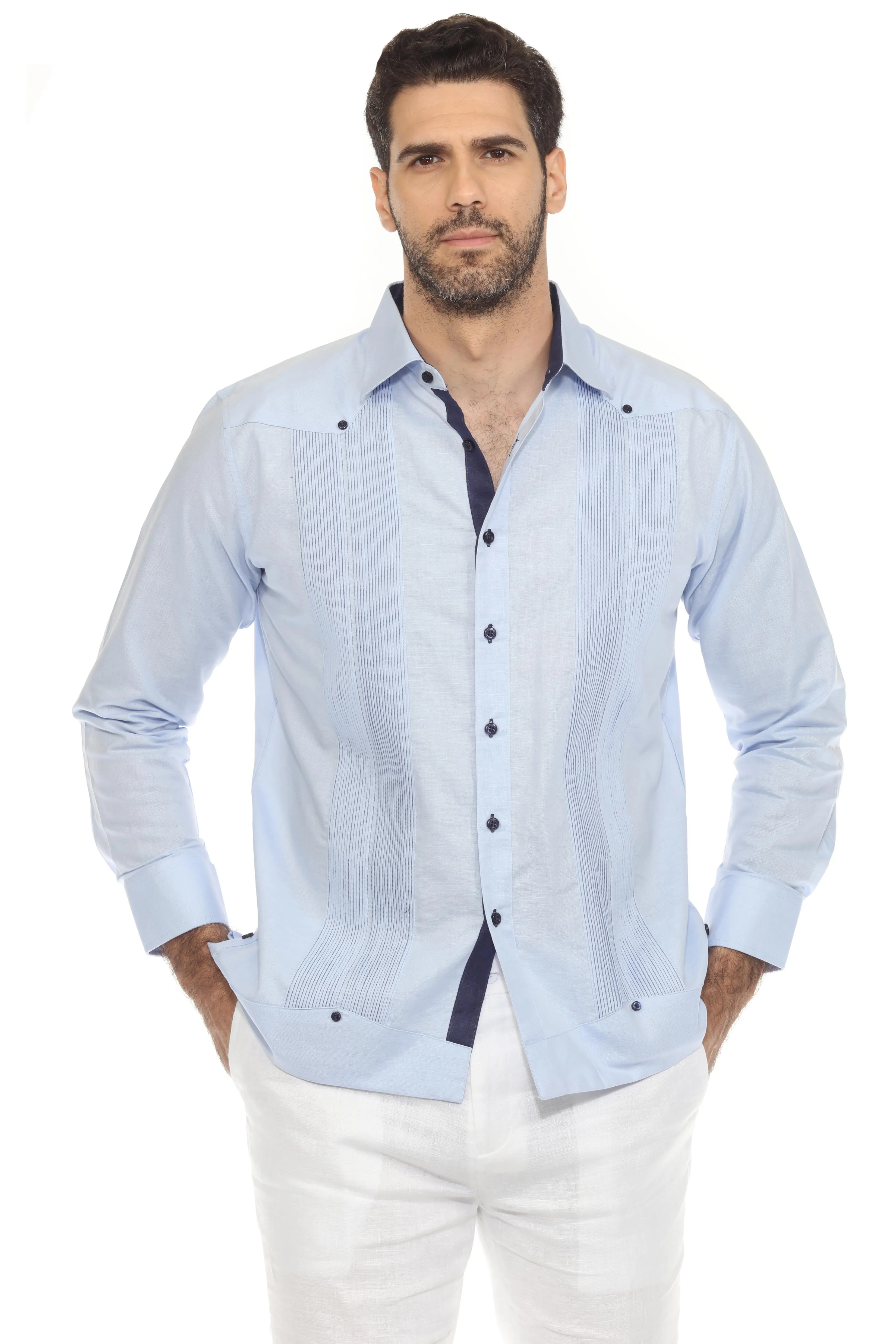 Men's 100% Linen Guayabera Chacabana Shirt Long Sleeve with Pleating Accent