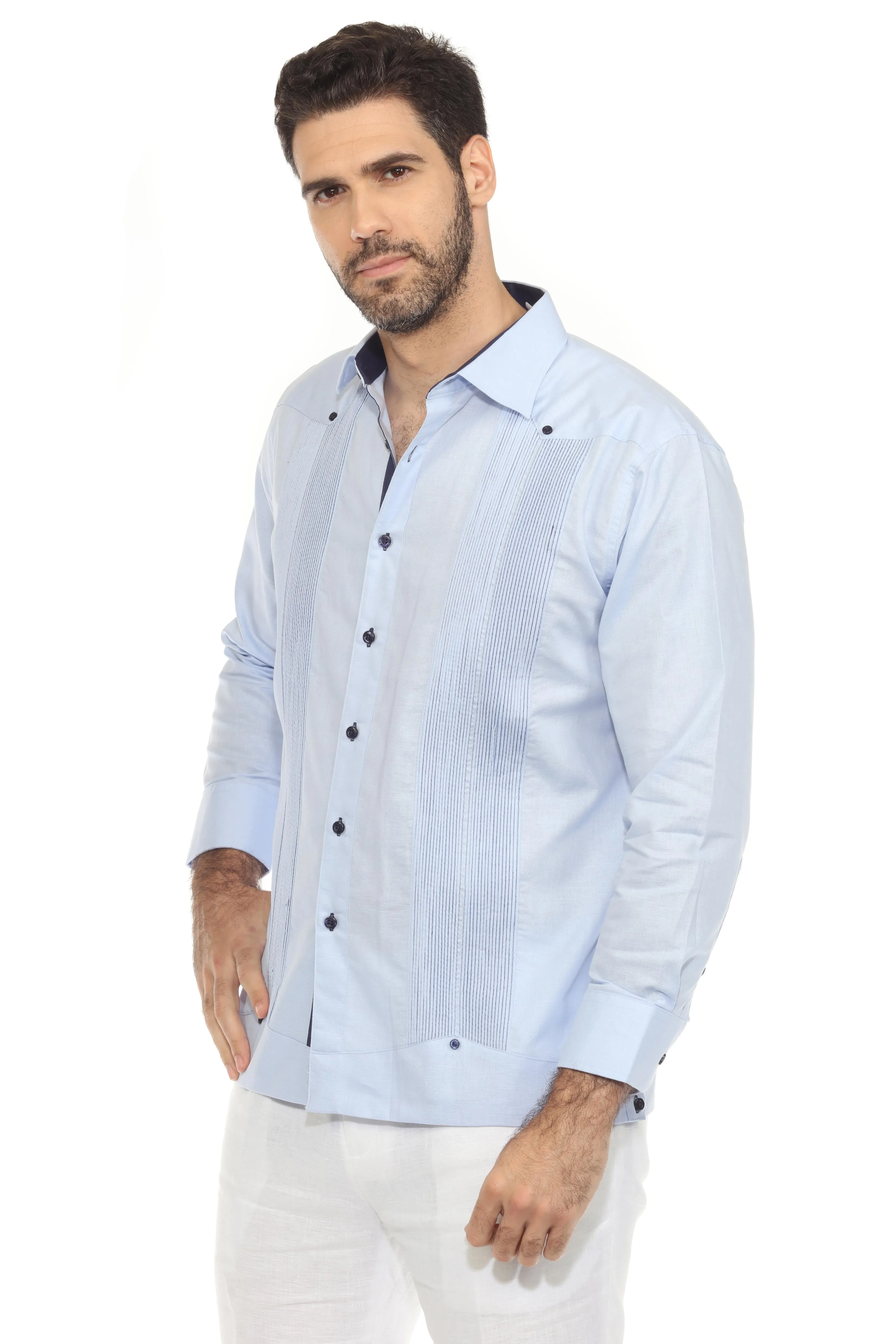 Men's 100% Linen Guayabera Chacabana Shirt Long Sleeve with Pleating Accent