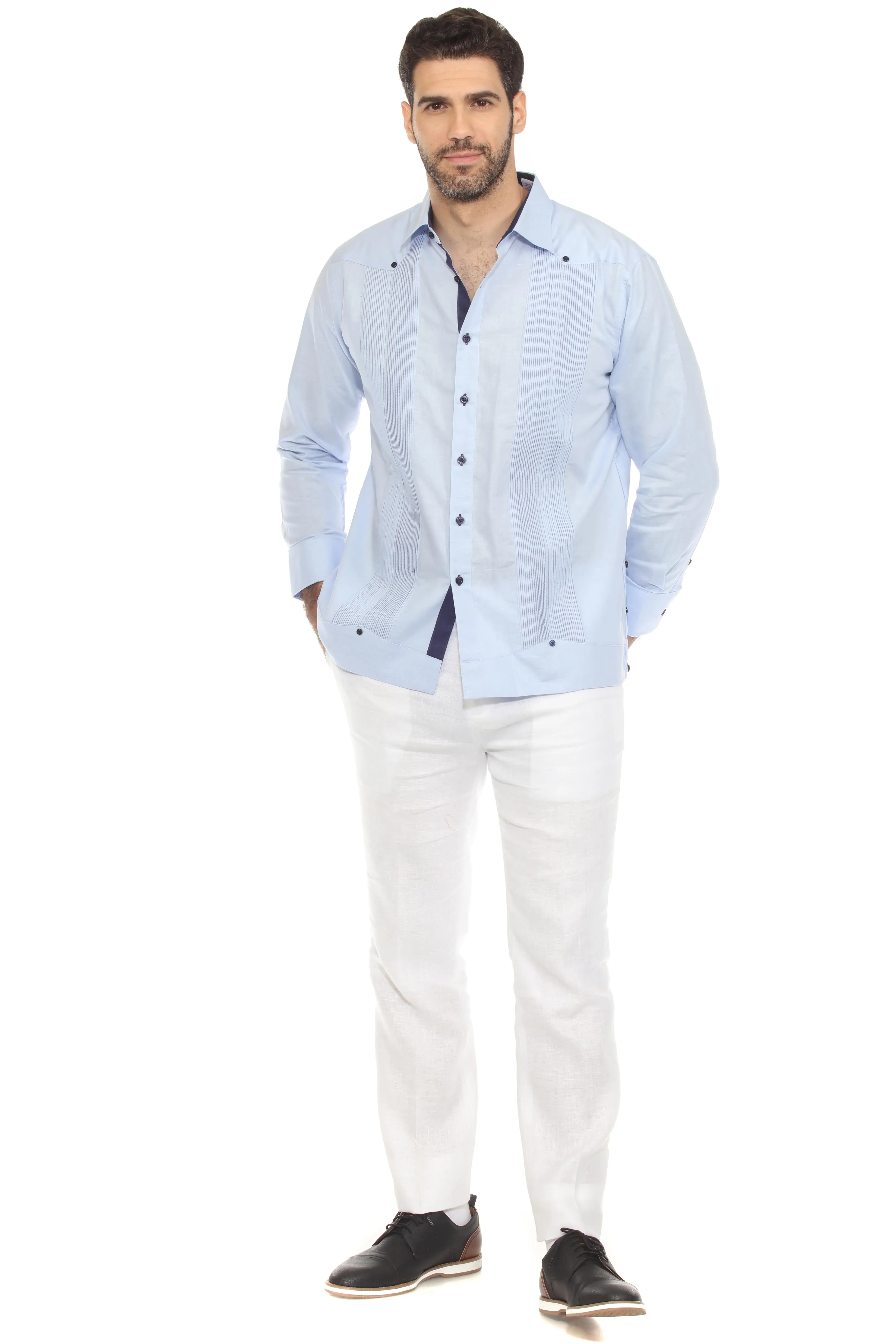 Men's 100% Linen Guayabera Chacabana Shirt Long Sleeve with Pleating Accent