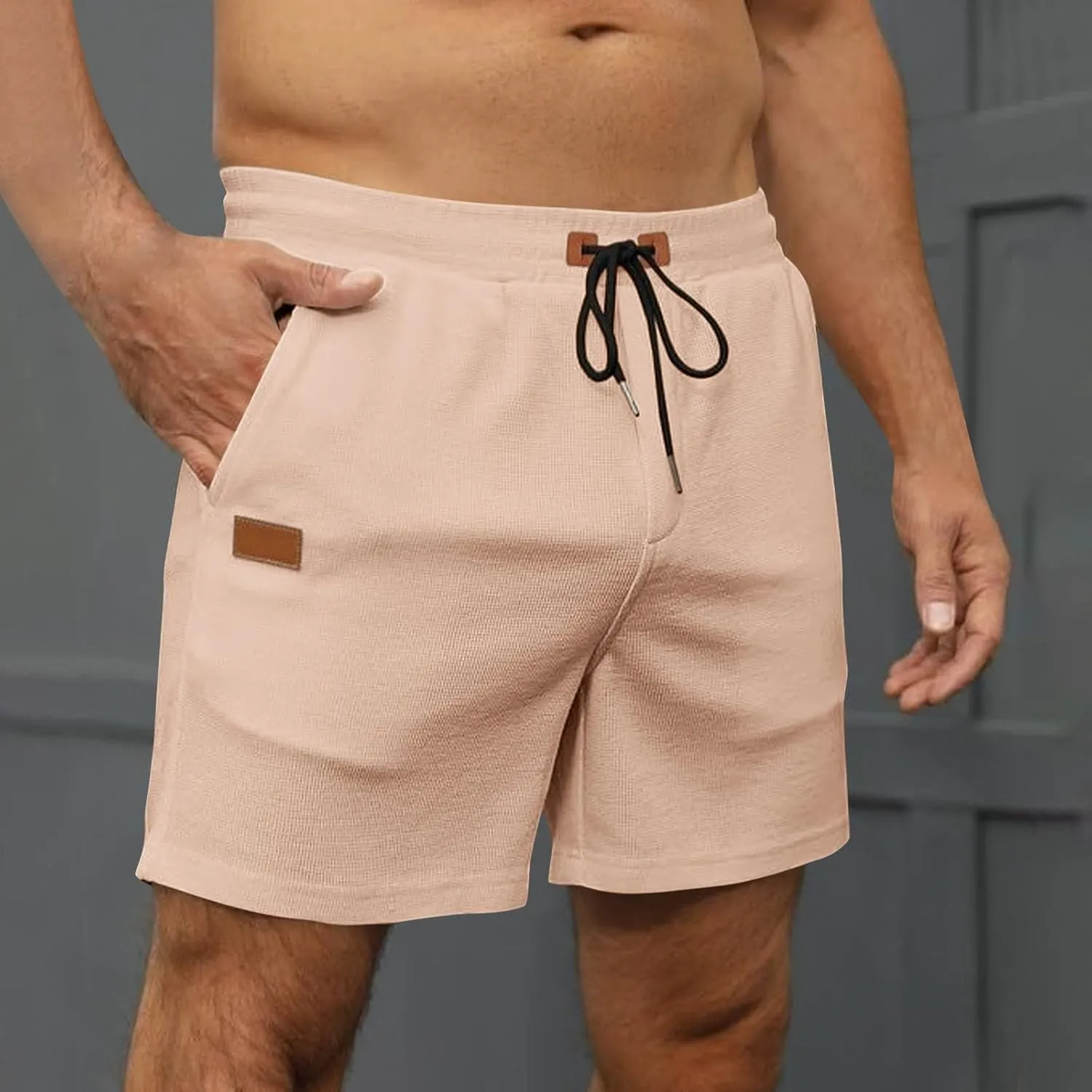 Mens Casual Shorts 5 Inch Inseam Waffle Lightweight Drawstring Elastic Waist Flat Front Chino Golf Shorts with Pockets