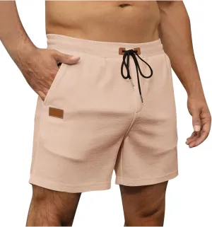 Mens Casual Shorts 5 Inch Inseam Waffle Lightweight Drawstring Elastic Waist Flat Front Chino Golf Shorts with Pockets