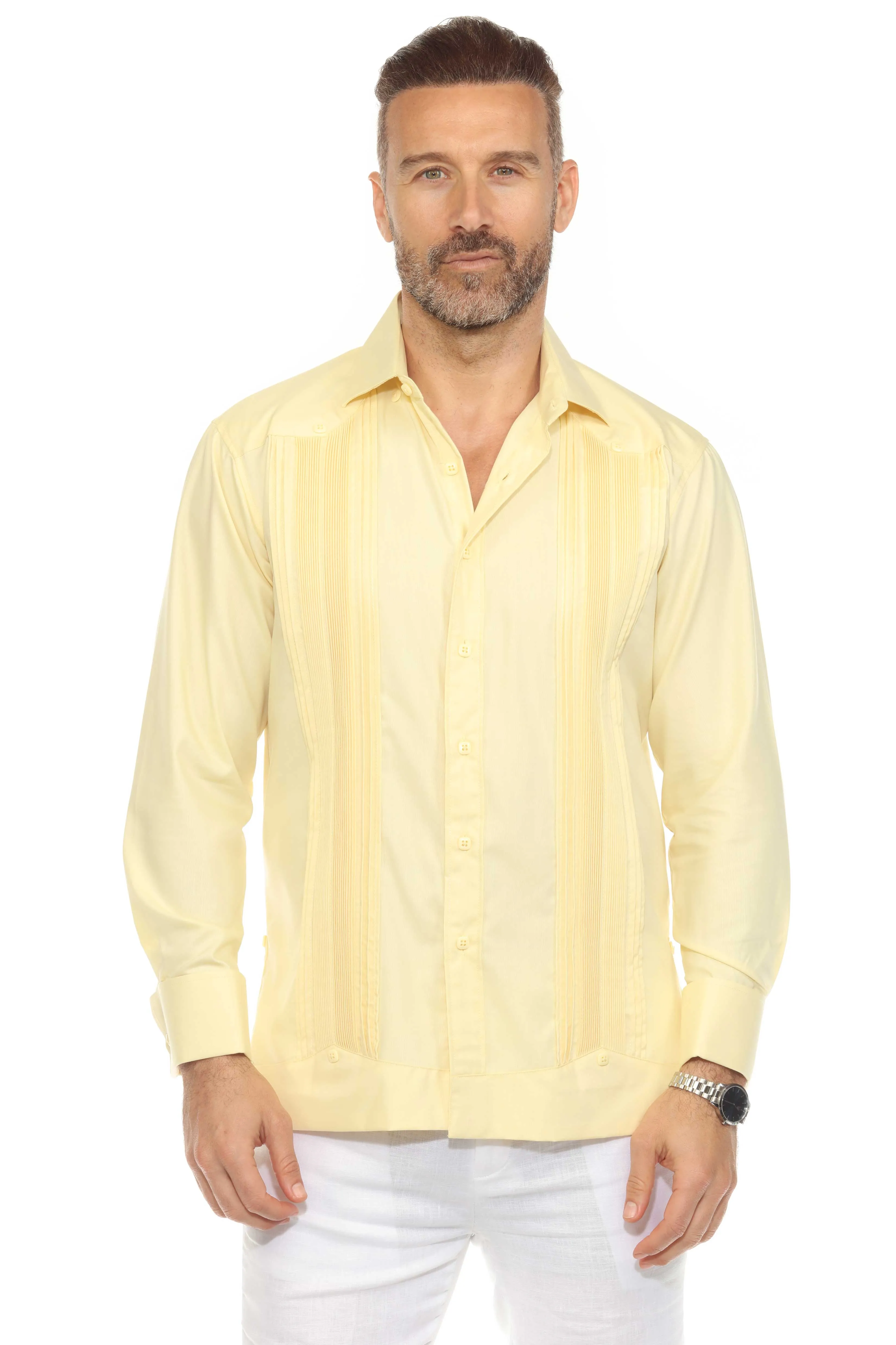 Men's Cotton Blend Guayabera Chacabana Shirt Long Sleeve with French Cuff and Pleated Trim