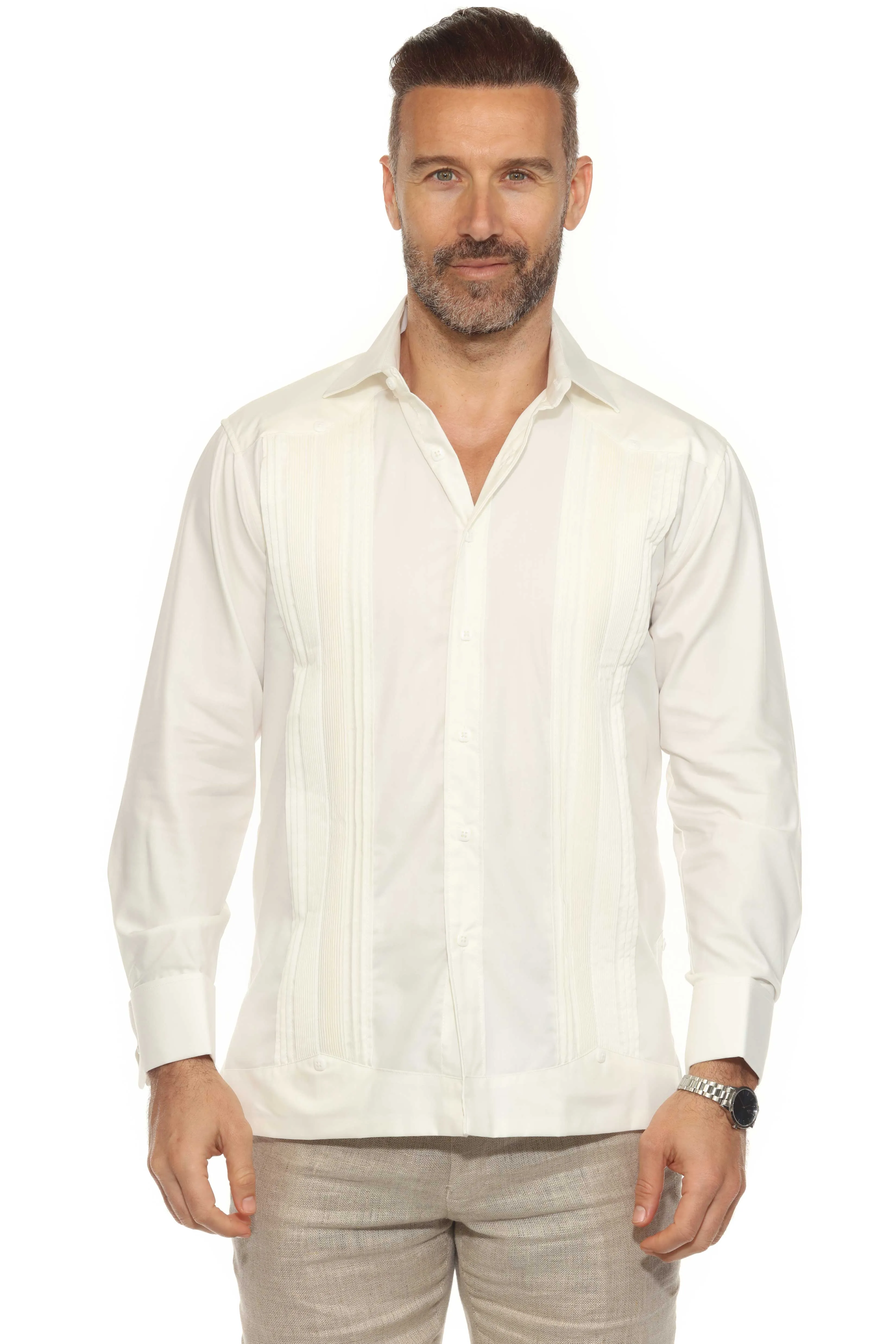 Men's Cotton Blend Guayabera Chacabana Shirt Long Sleeve with French Cuff and Pleated Trim